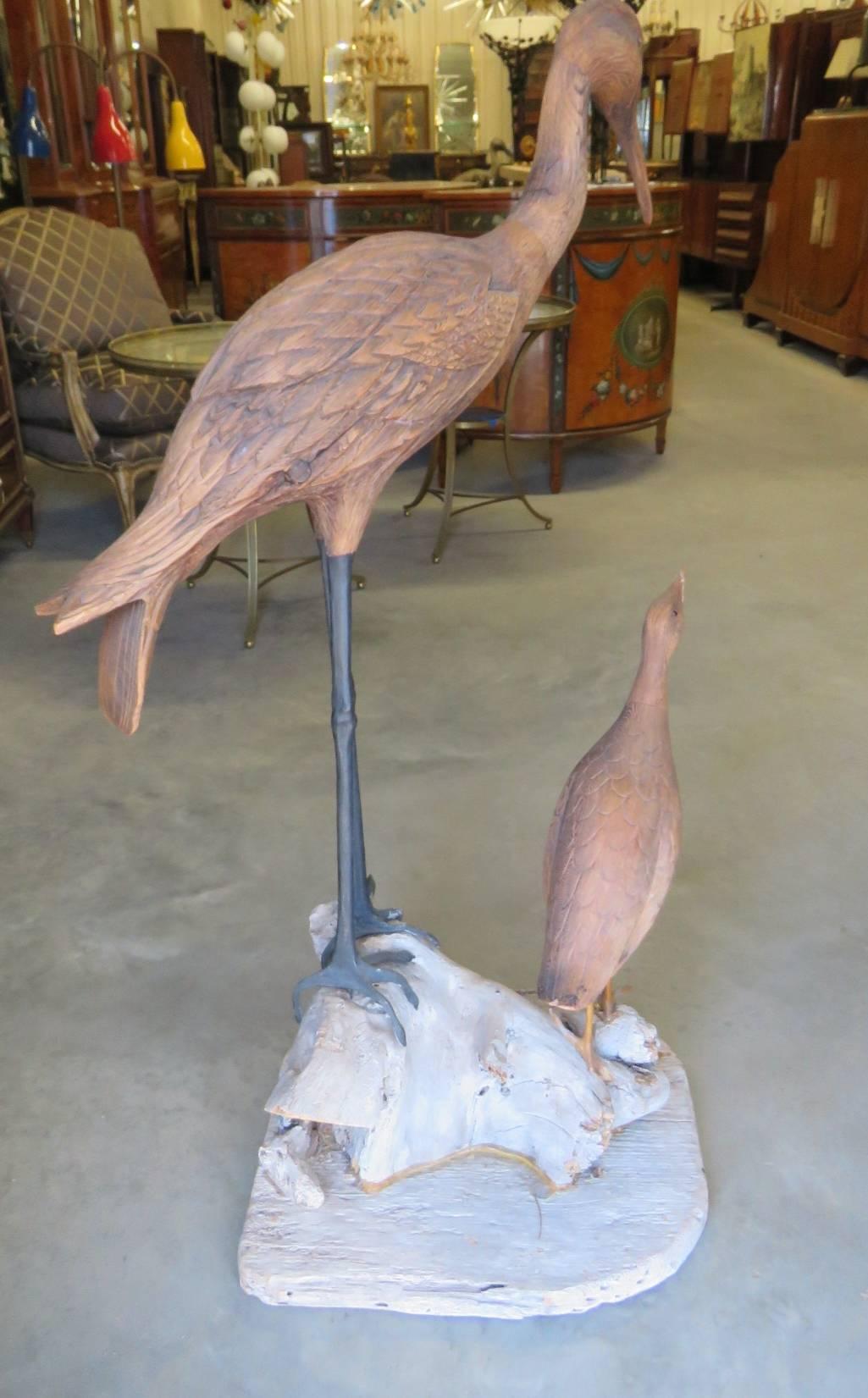 Carved Statue of Perched Crane and Duck In Good Condition In Swedesboro, NJ