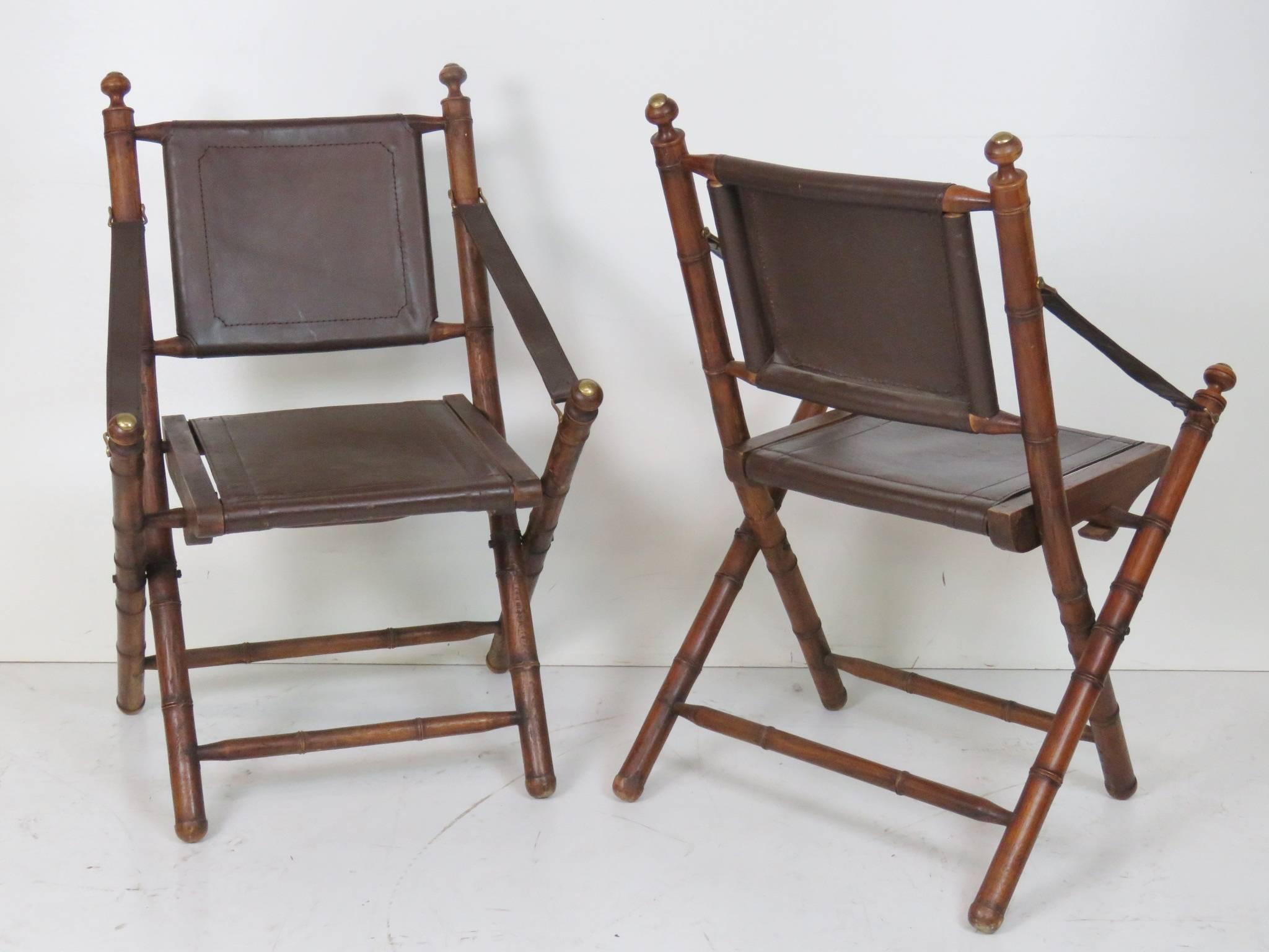 20th Century Pair of Faux Bamboo and Leather Folding Lounge Chairs