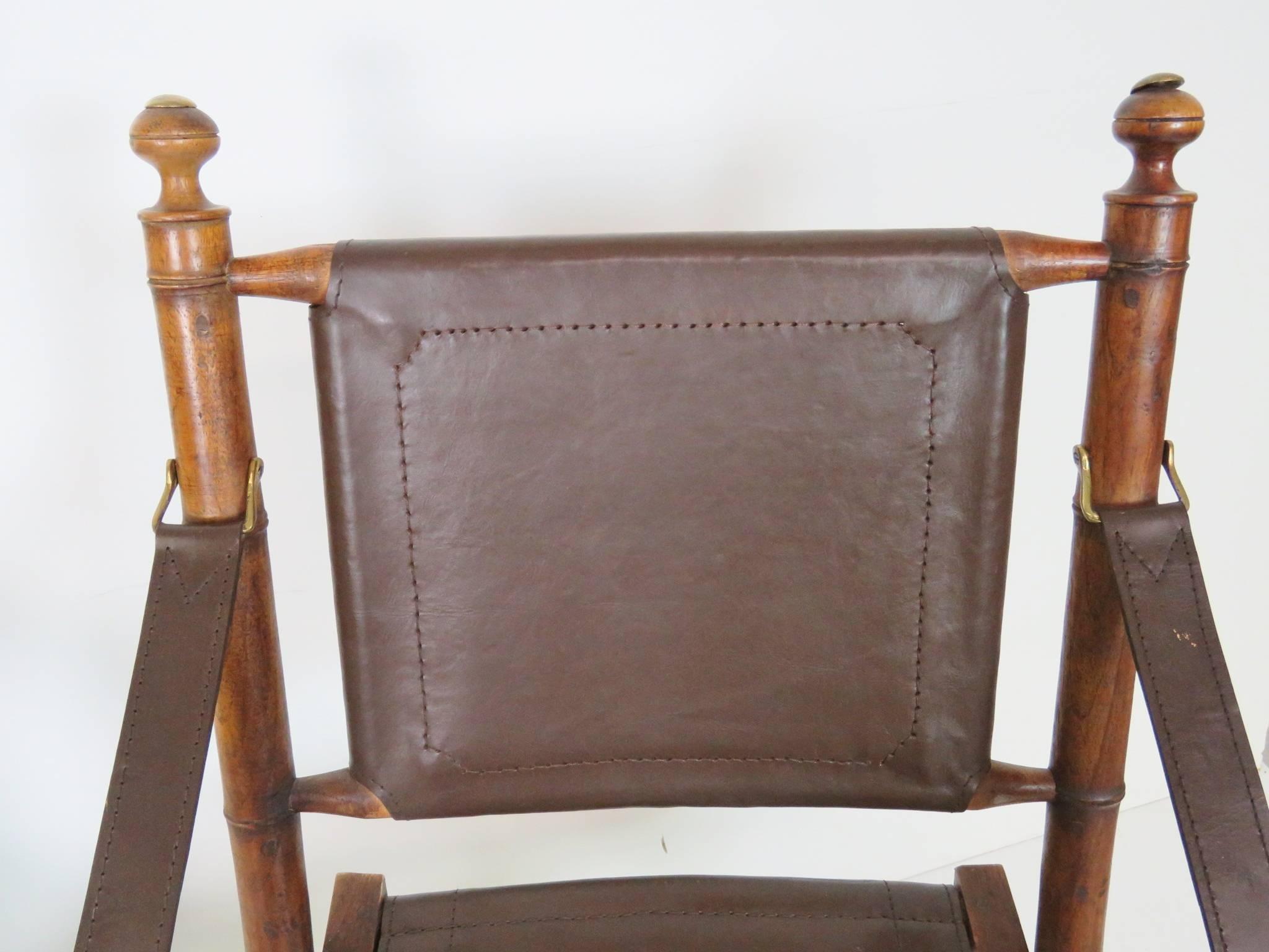 Pair of Faux Bamboo and Leather Folding Lounge Chairs 1