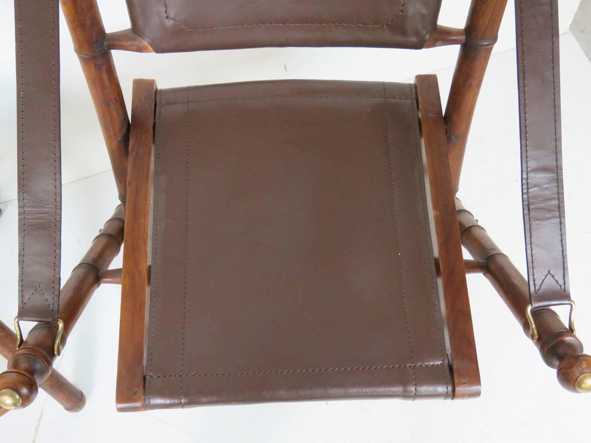 Pair of Faux Bamboo and Leather Folding Lounge Chairs In Good Condition In Swedesboro, NJ