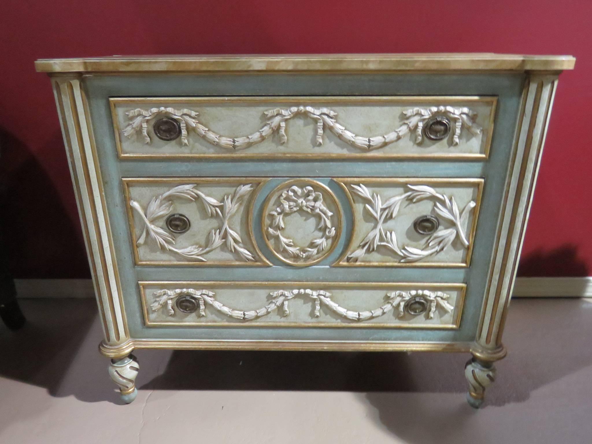 French Style Cream & Turquoise Painted Commode 2