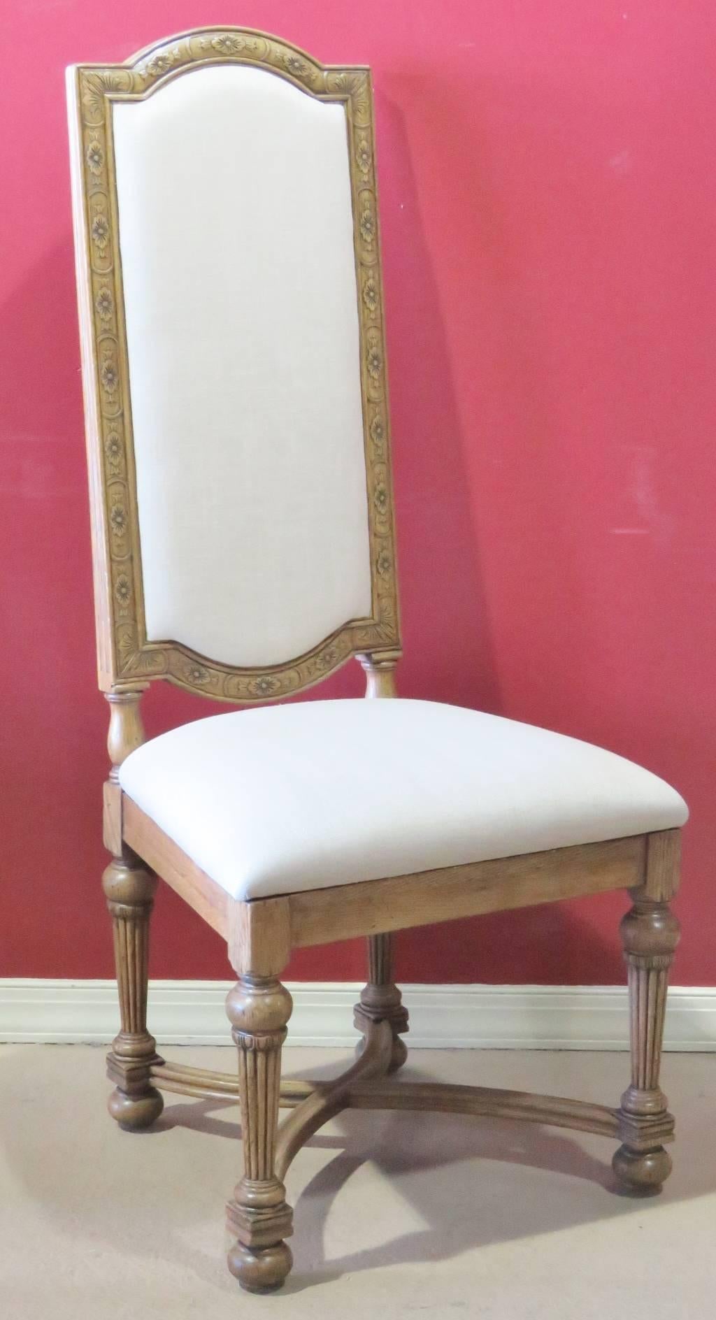 These are a great set of eight Jonathan Charles dining chairs. Chairs have a carved frame with cream upholstered backs and seats. These are the perfect dining chairs to finish off any room in your home.
