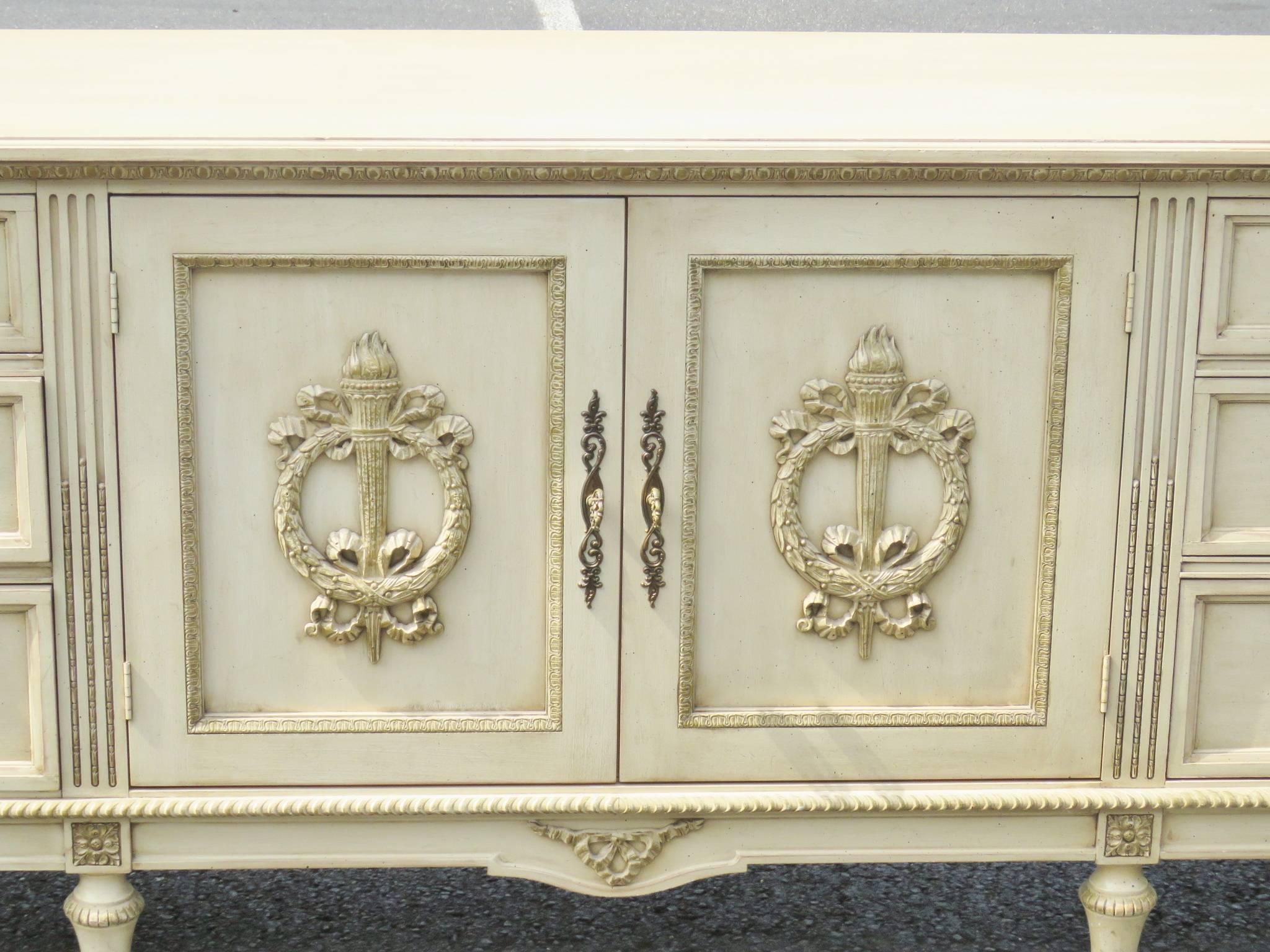 20th Century Davis Swedish Style Distressed Cream Painted Carved Sideboard
