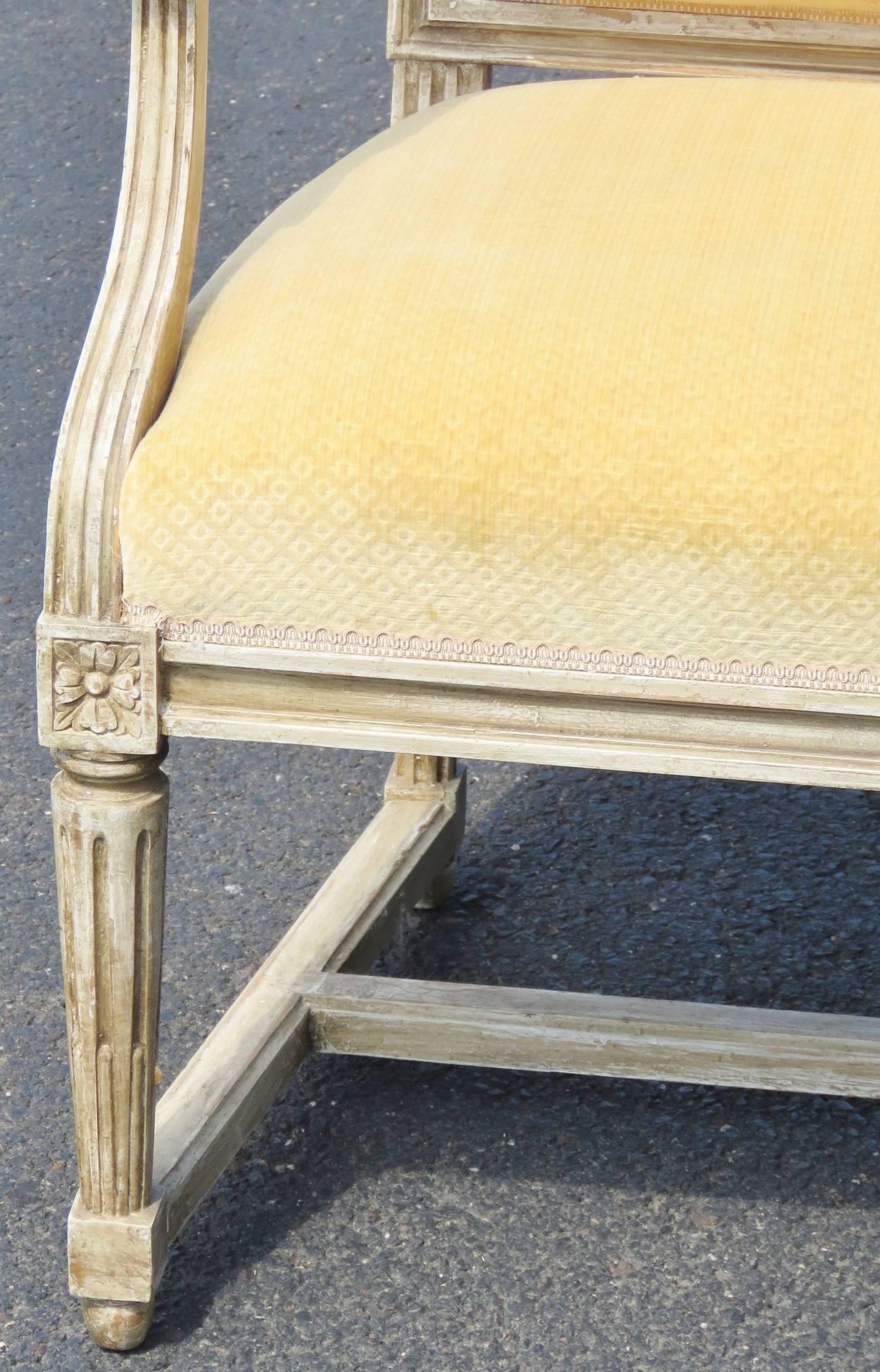 20th Century Pair of Louis XVI Style Distressed Painted Fauteuils Arm Chairs