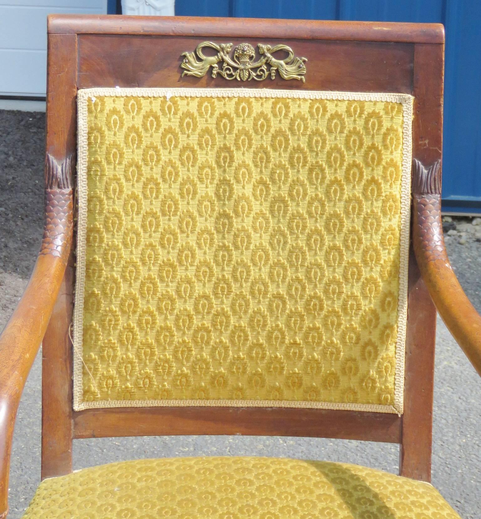 Pair of Antique French Empire Style Fauteuils wArm Chairs with Bronze Ormolu In Good Condition In Swedesboro, NJ
