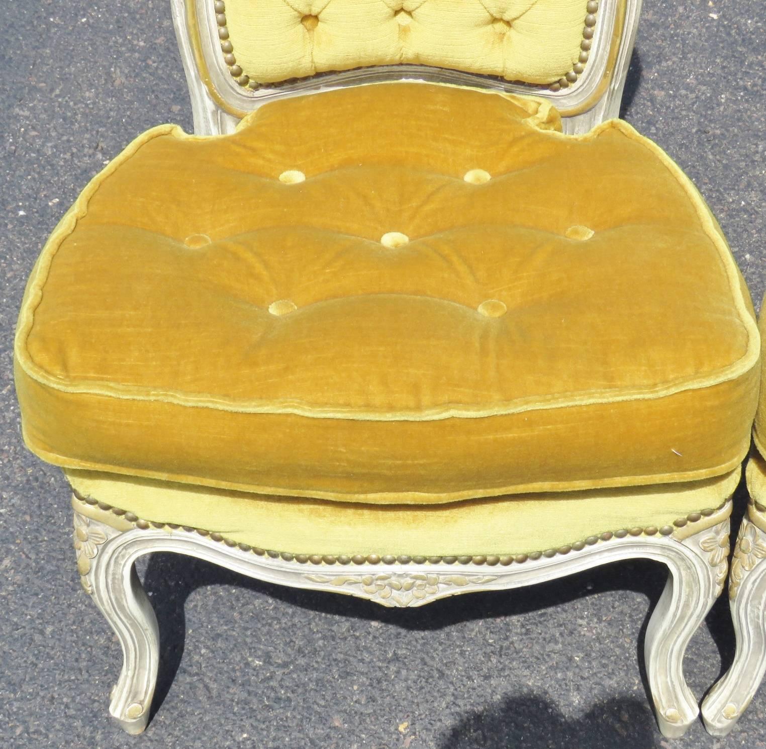 20th Century Pair of Louis XVI Style Distressed Painted Tufted Slipper Chairs