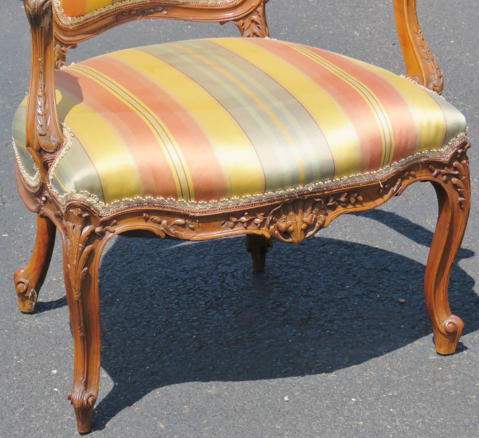 Pair of Louis XVI Style Carved Walnut Fauteuils Arm Chairs 1