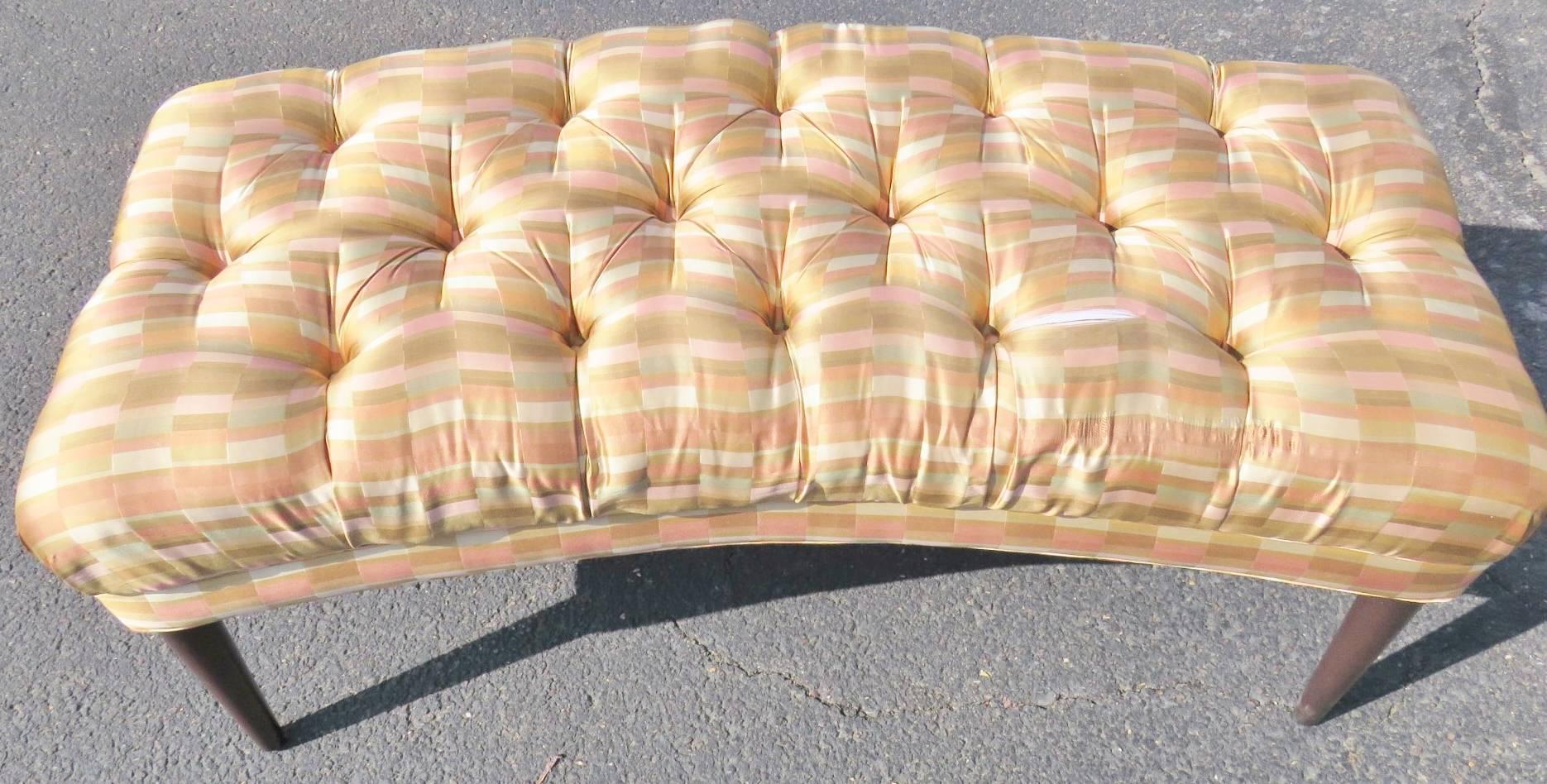 Modern design tufted bench. Tufted checkered cushion. Wood legs.