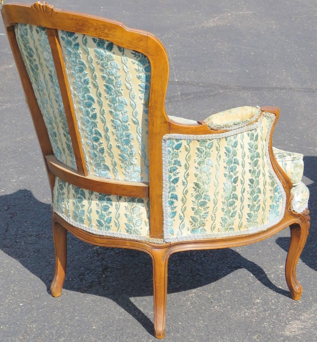 Classic French Styling. Carved Walnut carved frame. The right upholstery will make these chairs shine again. .