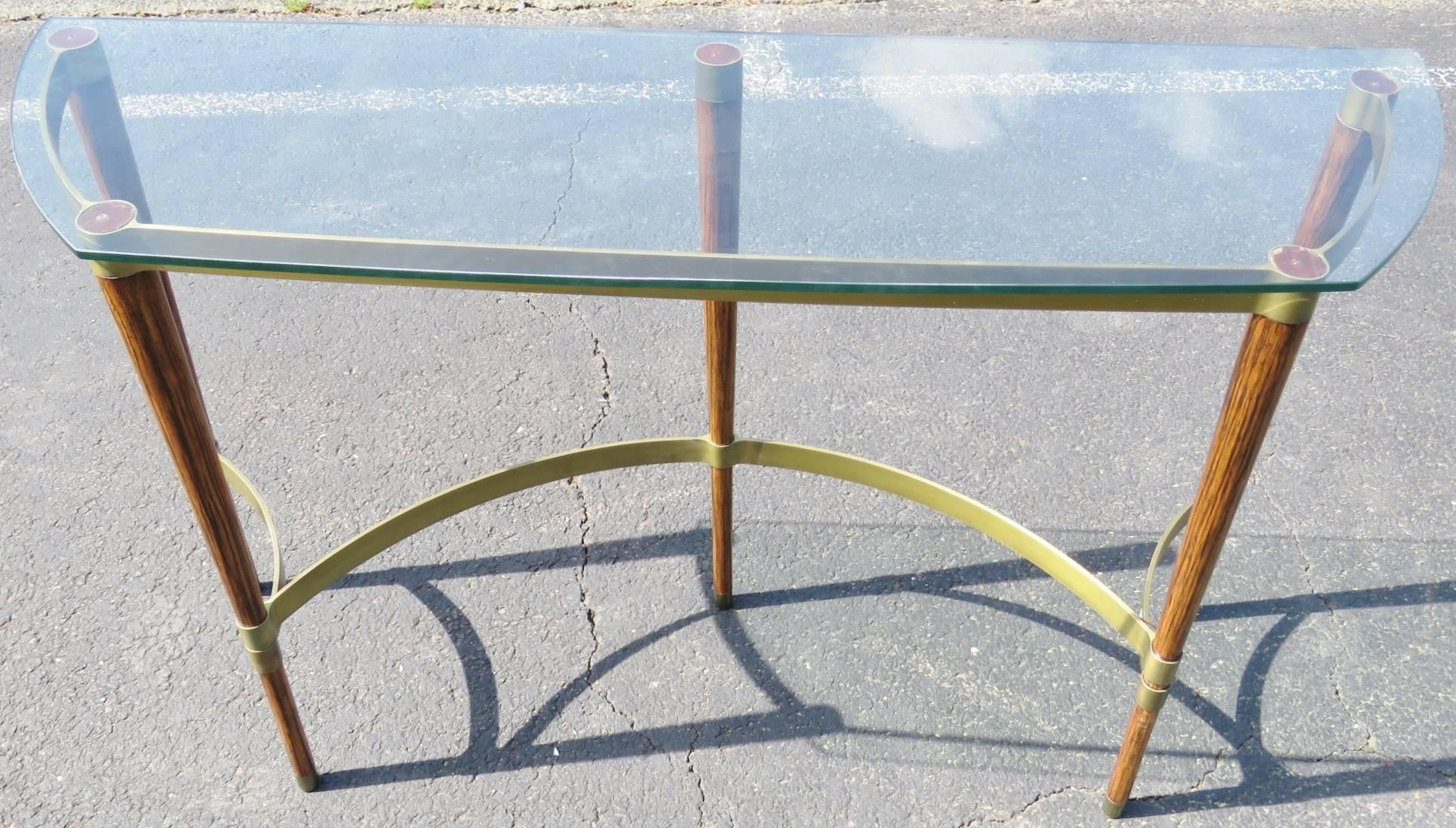 20th Century Deco Style Brass and Wood Glass Top Console Table