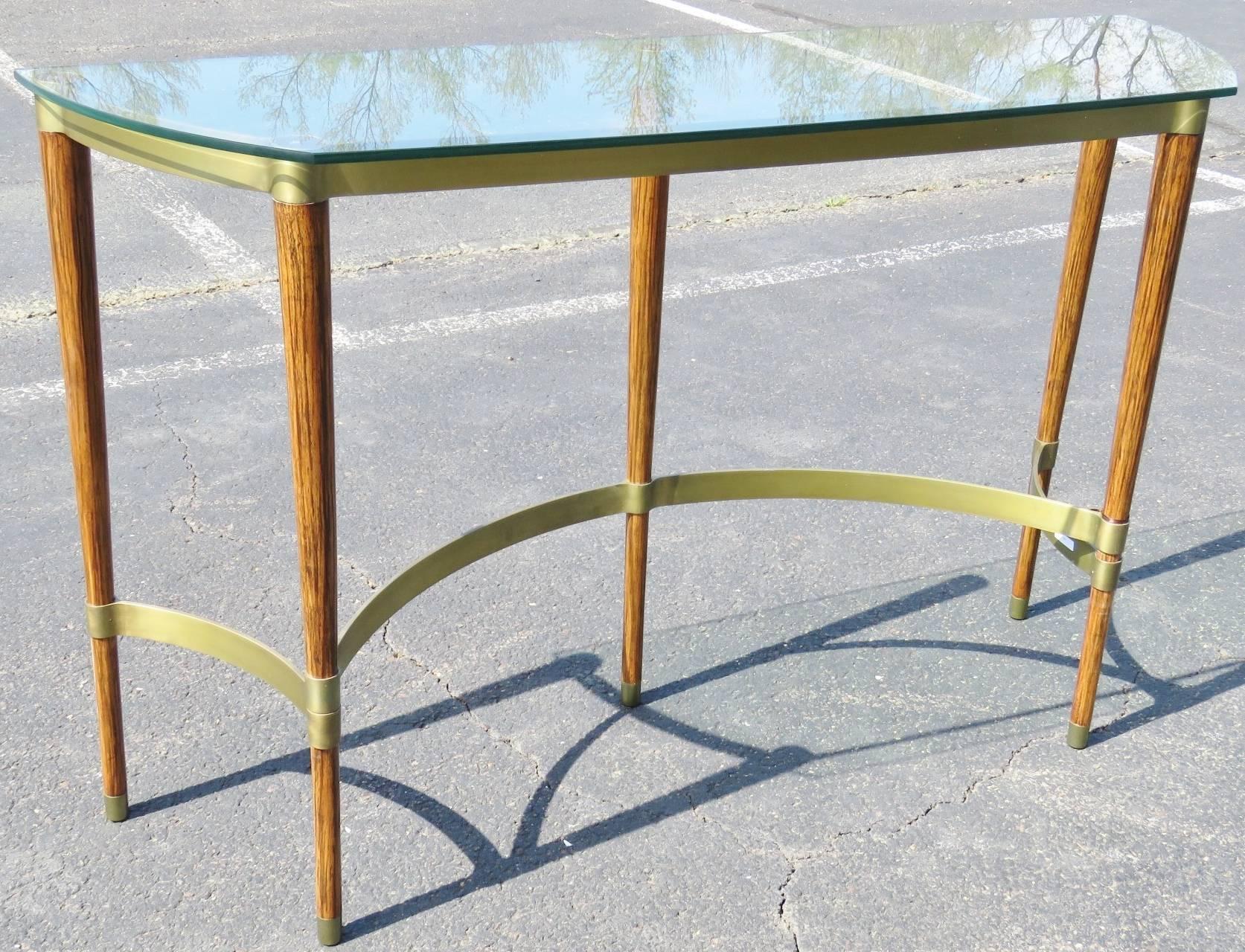 Deco Style Brass and Wood Glass Top Console Table 1