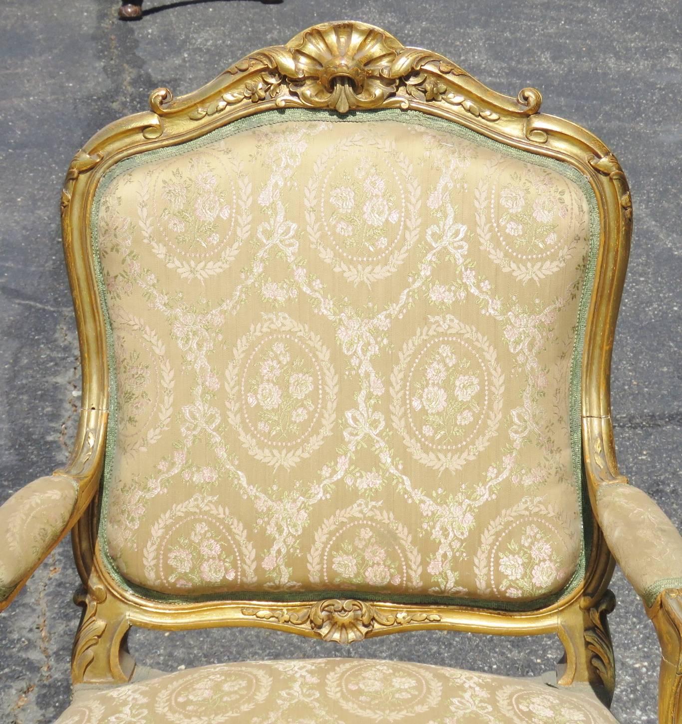 Pair of Louis XVI Style Gilt Carved Upholstered Fauteuils In Good Condition In Swedesboro, NJ