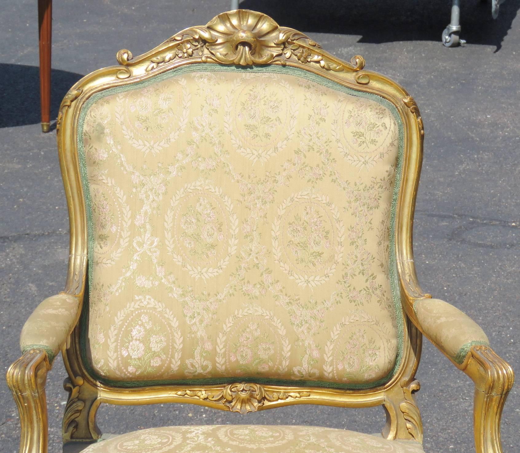 Pair of Louis XVI Style Gilt Carved Upholstered Fauteuils 3
