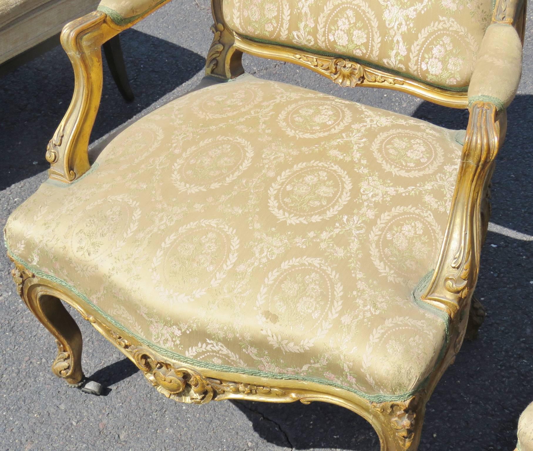 Pair of Louis XVI Style Gilt Carved Upholstered Fauteuils 1