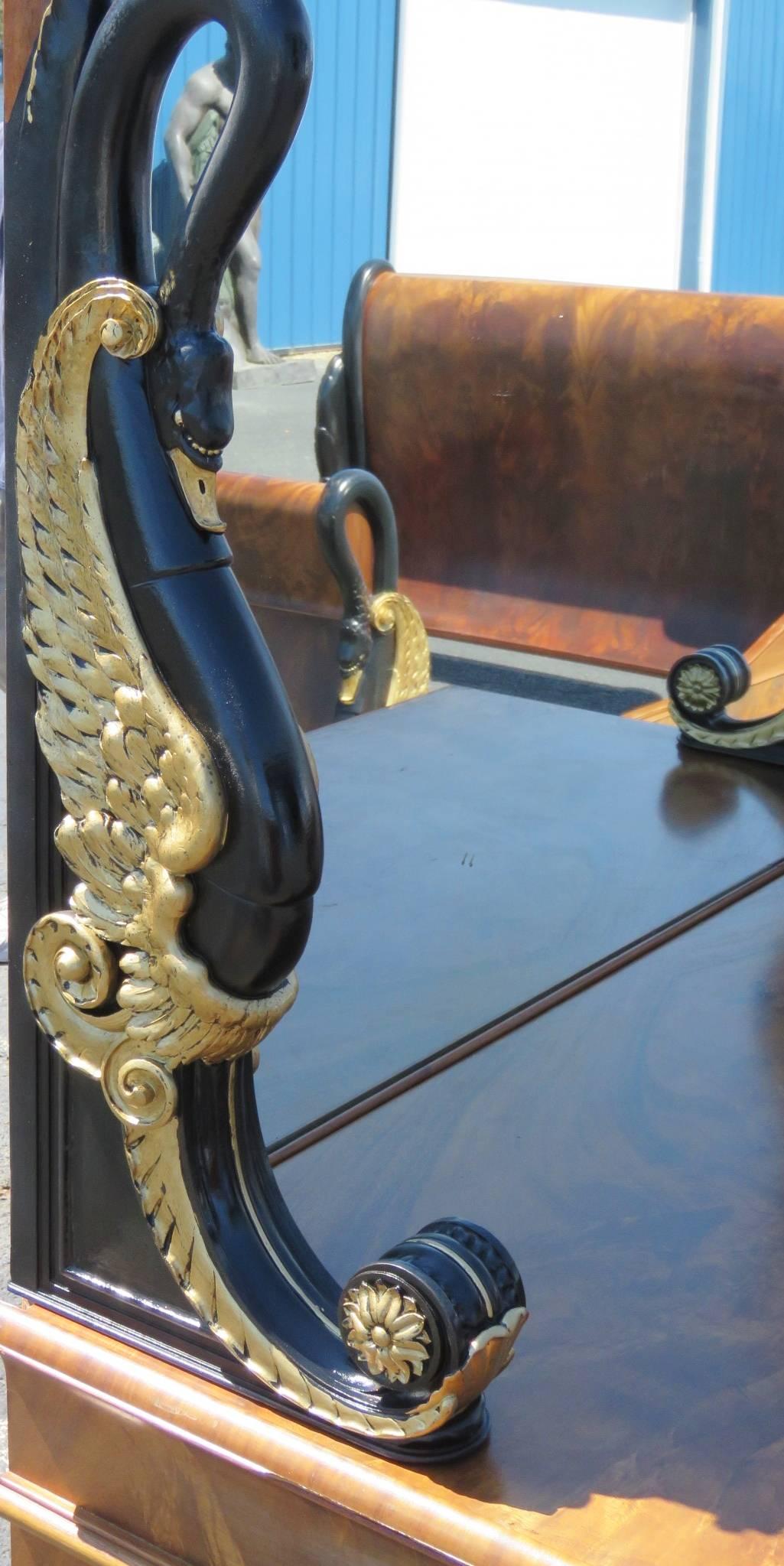 Burl walnut frame brass hardware and mounts. Gilt and ebonized painted carved swans and claw feet. Measures: Dresser 69
