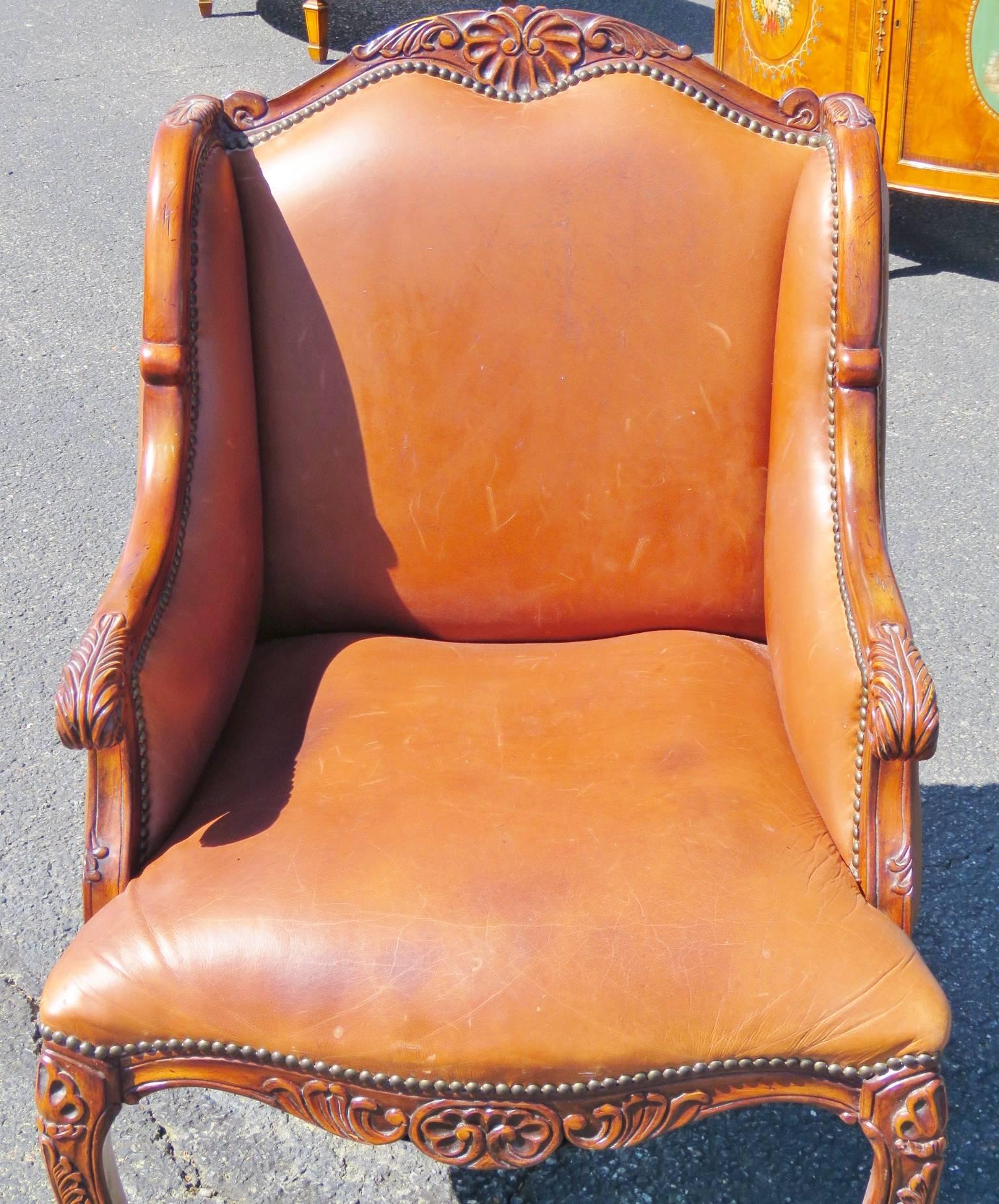Louis XVI Style Leather Wing Chair In Good Condition In Swedesboro, NJ