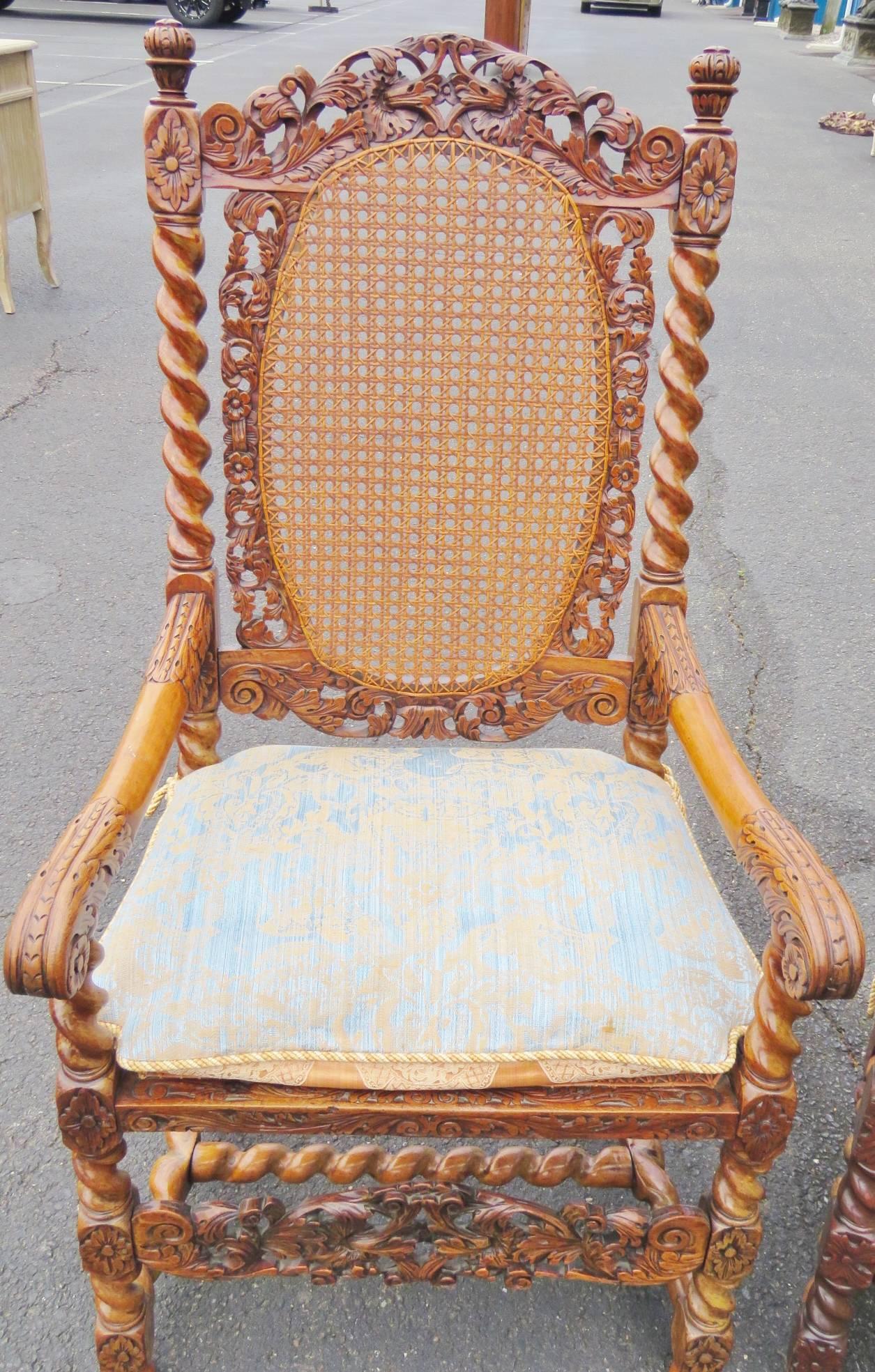 Pair of Barley Twist Caned Throne Chairs 2
