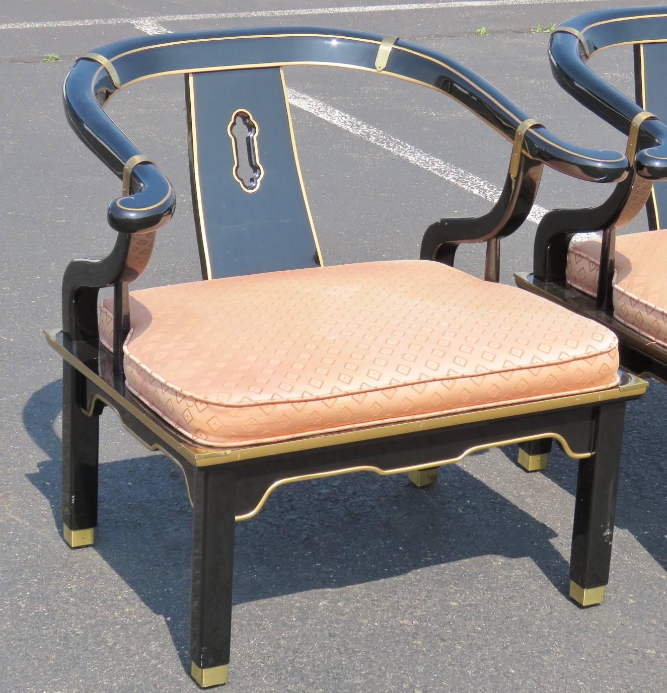 20th Century Pair of Asian Style Ebonized Arm Chairs In the style of James Mont