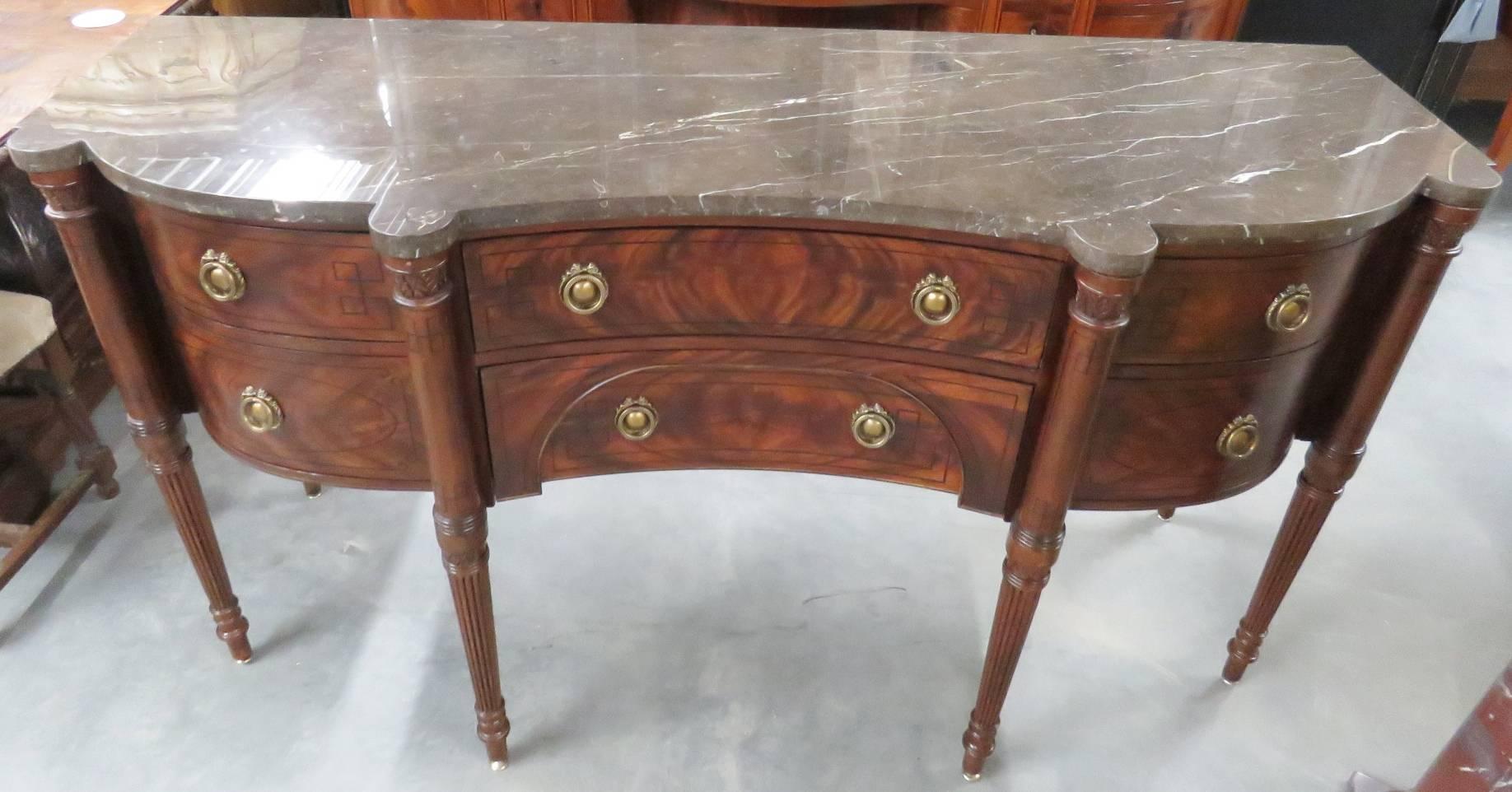 Mahogany frame with brass hardware. Drexel Heritage tag, marble-top.