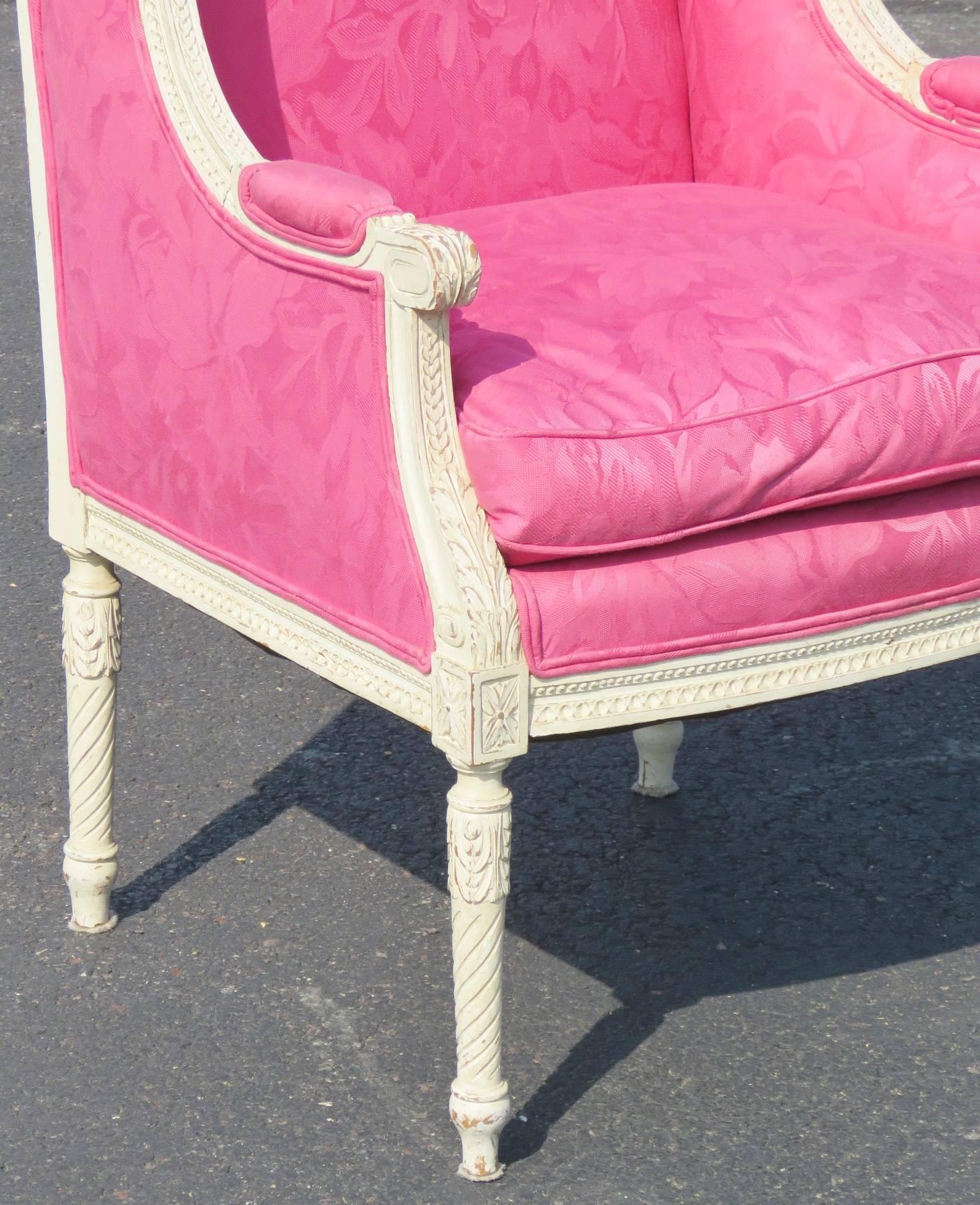 Louis XVI Style Distressed Painted Carved Wing Chair 1
