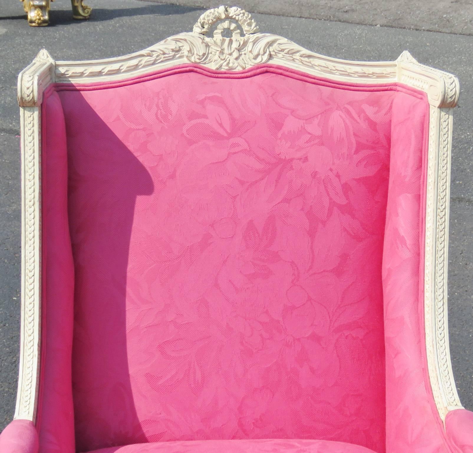 20th Century Louis XVI Style Distressed Painted Carved Wing Chair