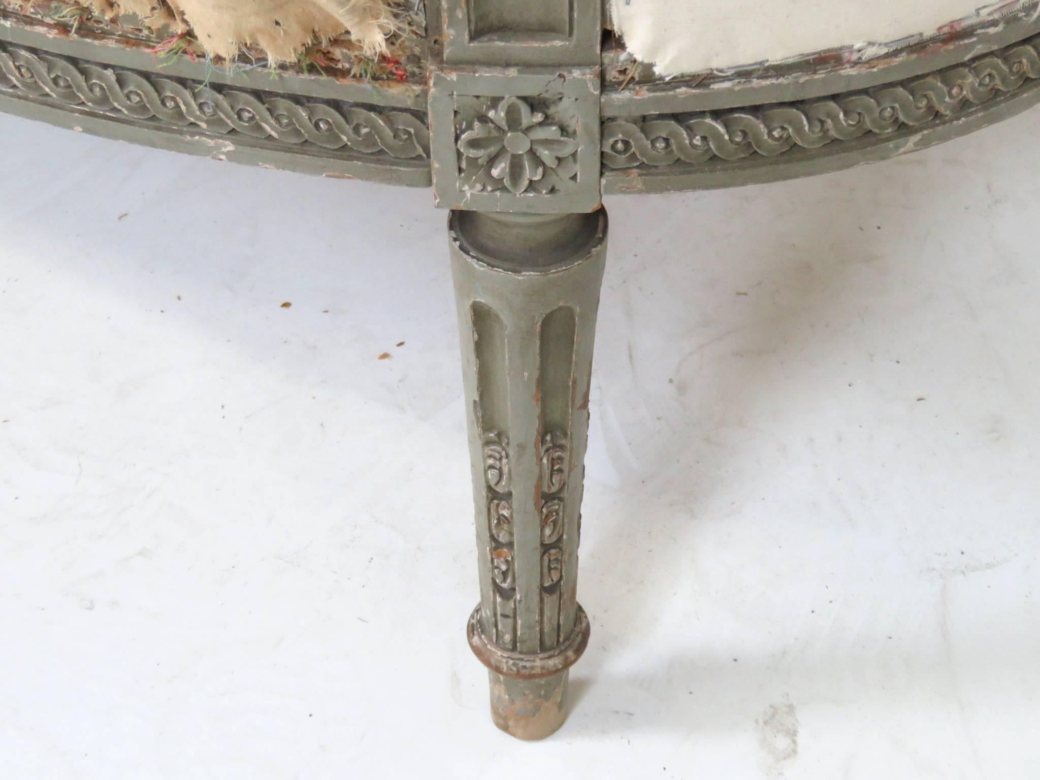 Distressed grey painted frame. Finely carved frame. 
