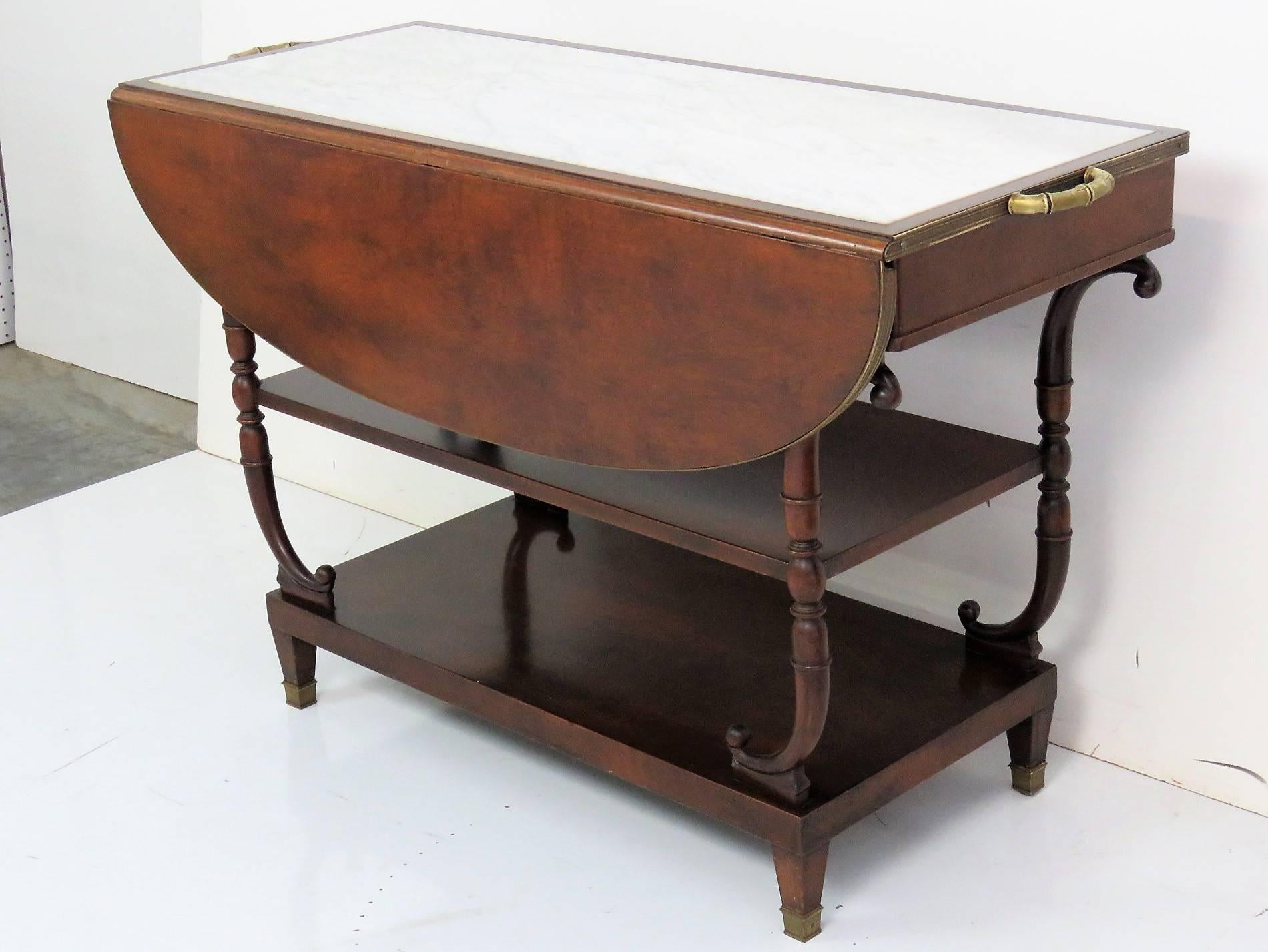 20th Century Directoire Style Marble-Top Mahogany Drop-Leaf Bar Cart Server