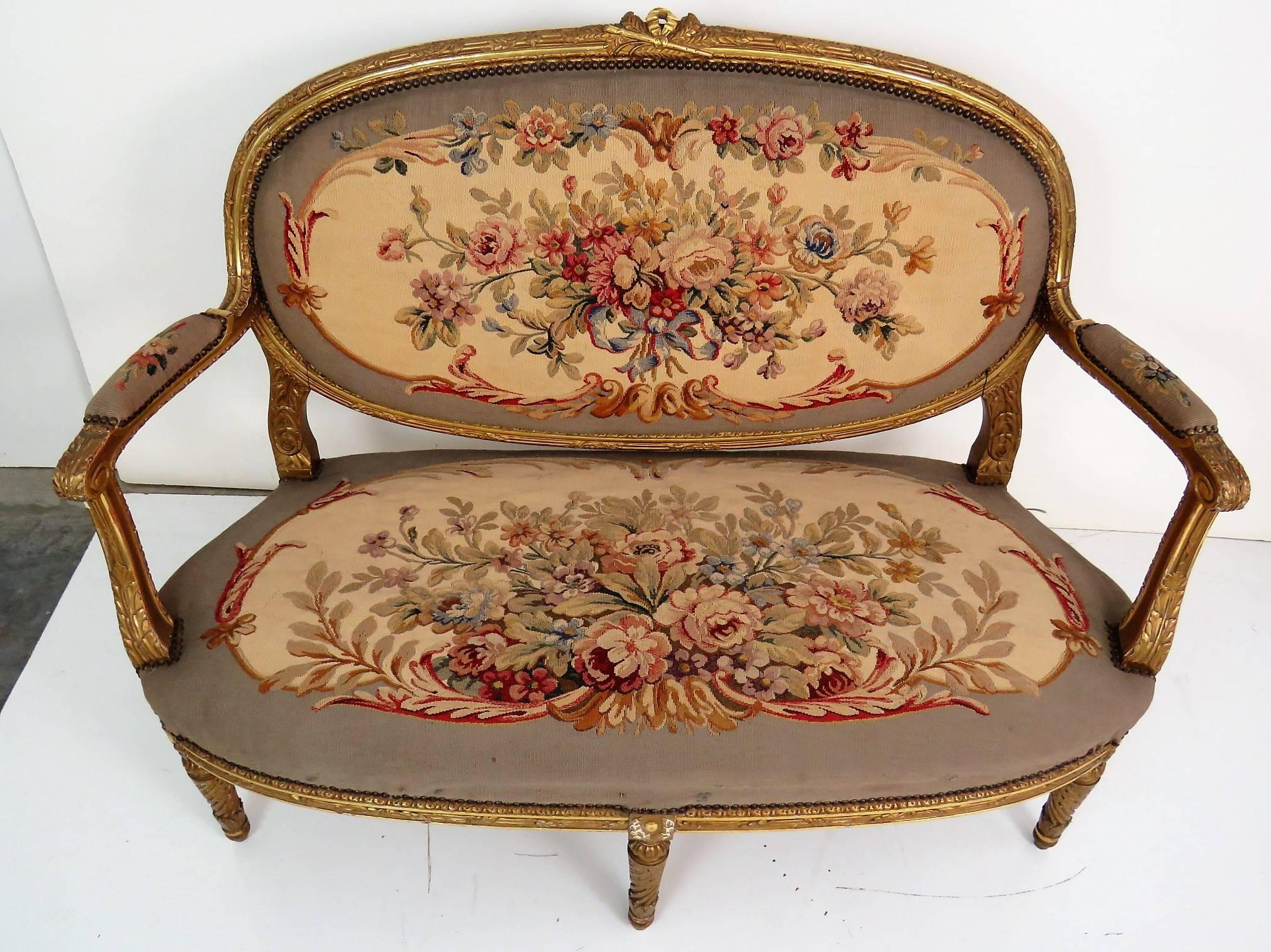 Fruitwood Antique French Louis XVI Style Gilt Carved Aubusson Upholstered Sofa Settee