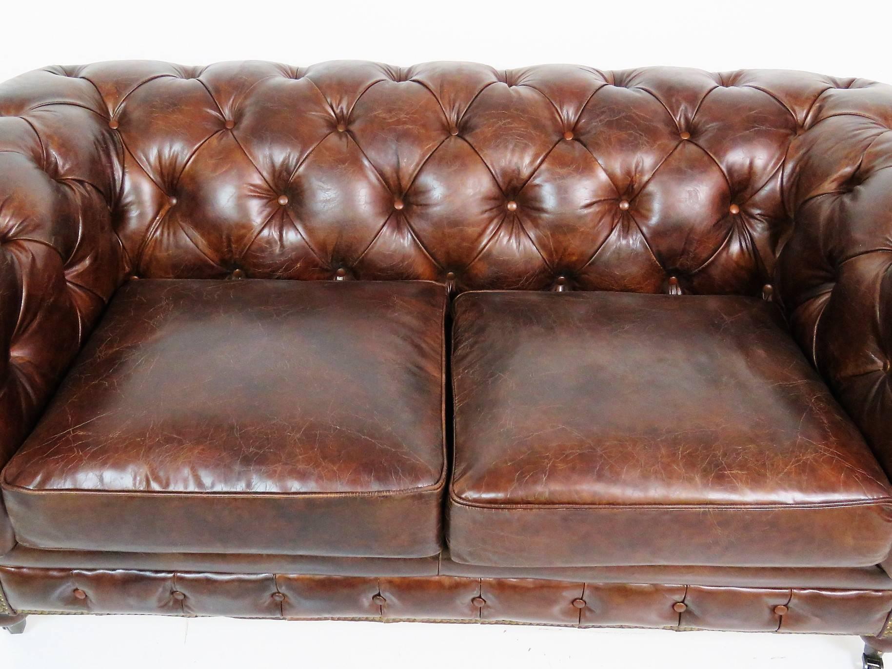 Georgian Style Distressed Leather Tufted Sofa 1