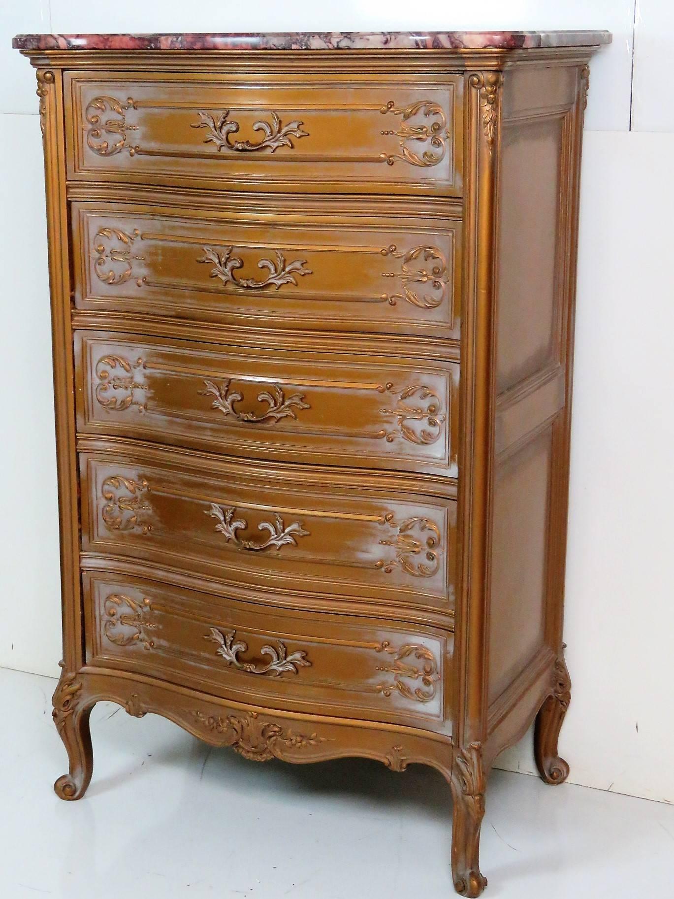 20th Century French Style Gilt Carved Marble-Top High Chest