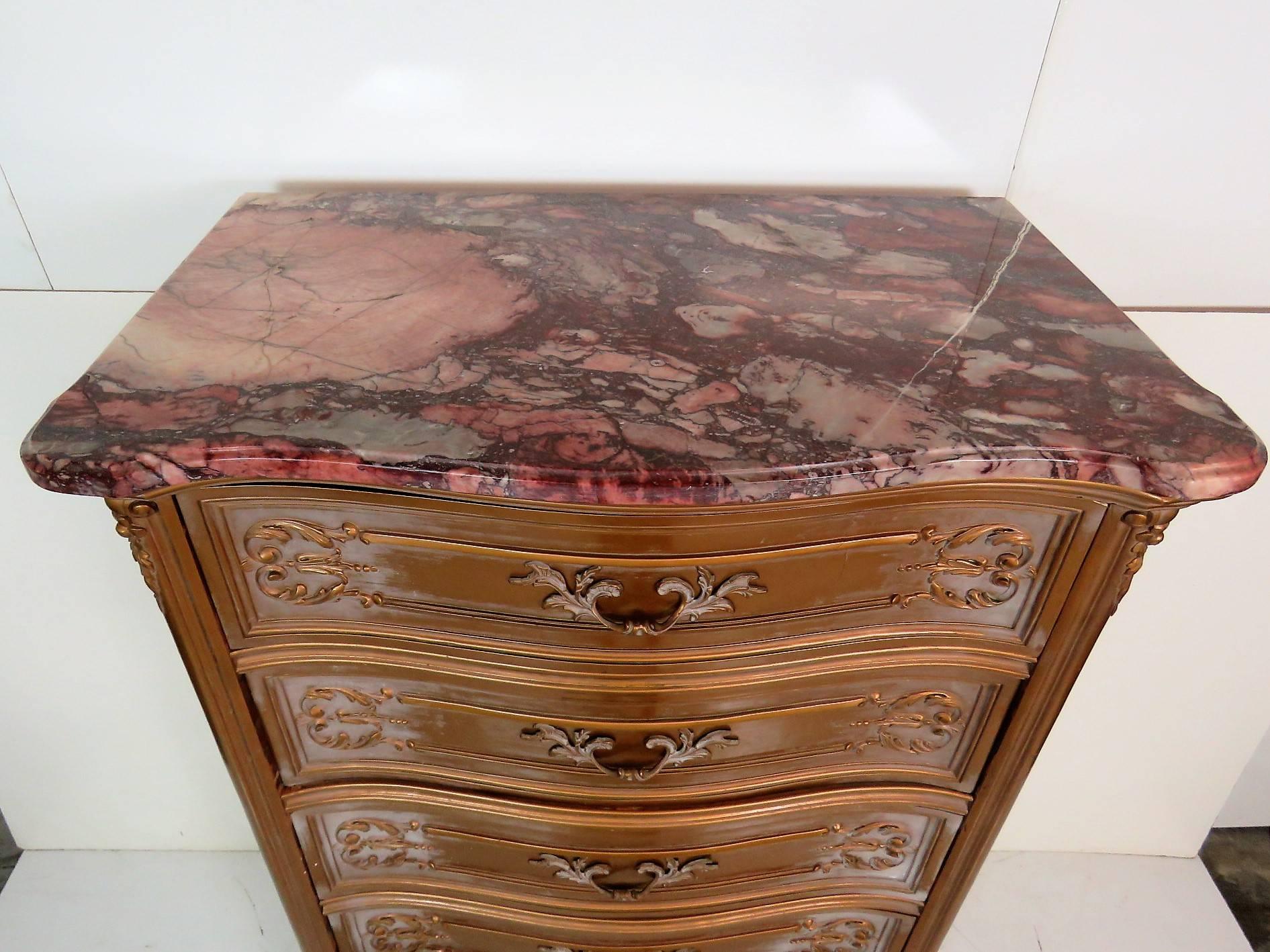 French Style Gilt Carved Marble-Top High Chest 1