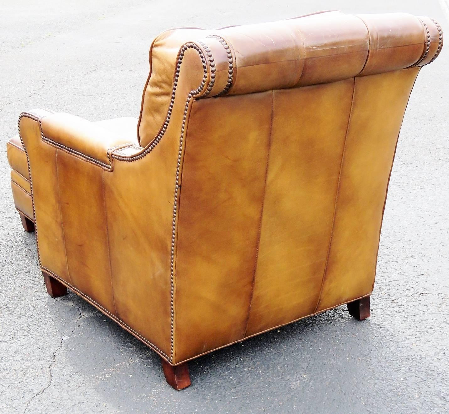 Distressed Brown Leather Lounge Chair and Ottoman In Good Condition In Swedesboro, NJ