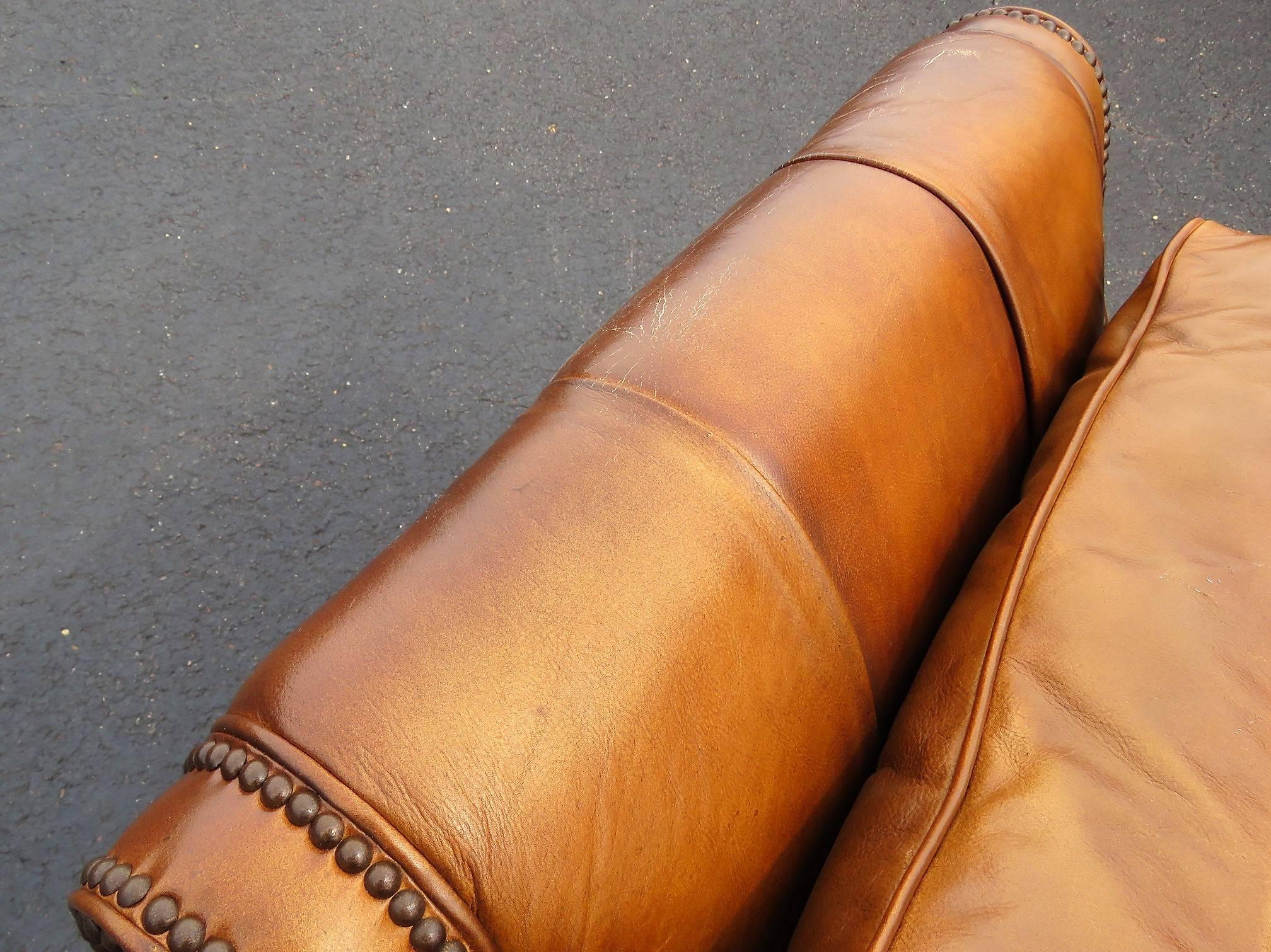 Distressed Brown Leather Lounge Chair and Ottoman 3