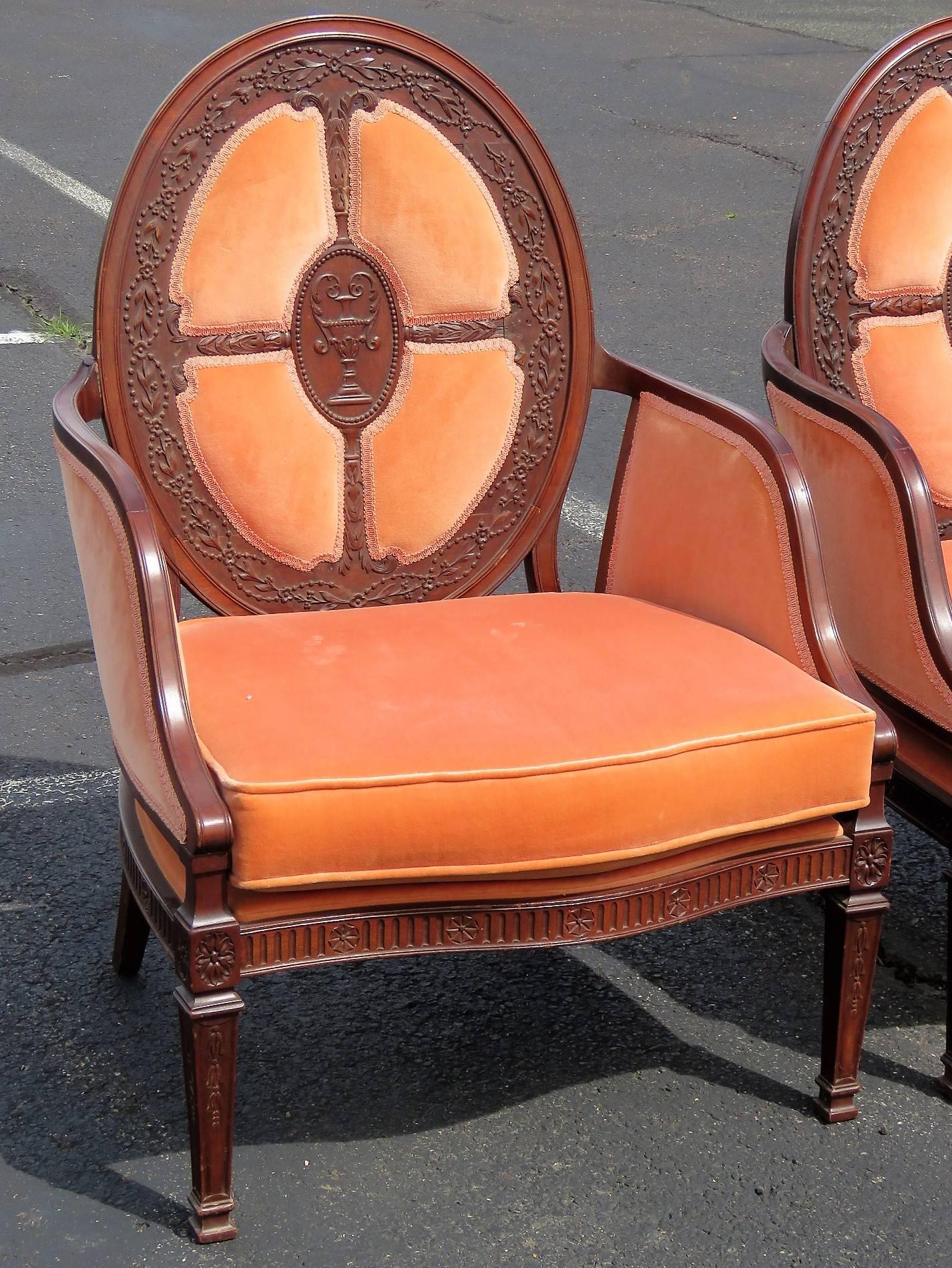 Fine Pair English Mahogany Adams Style Upholstered Back Dining Arm Chairs 3