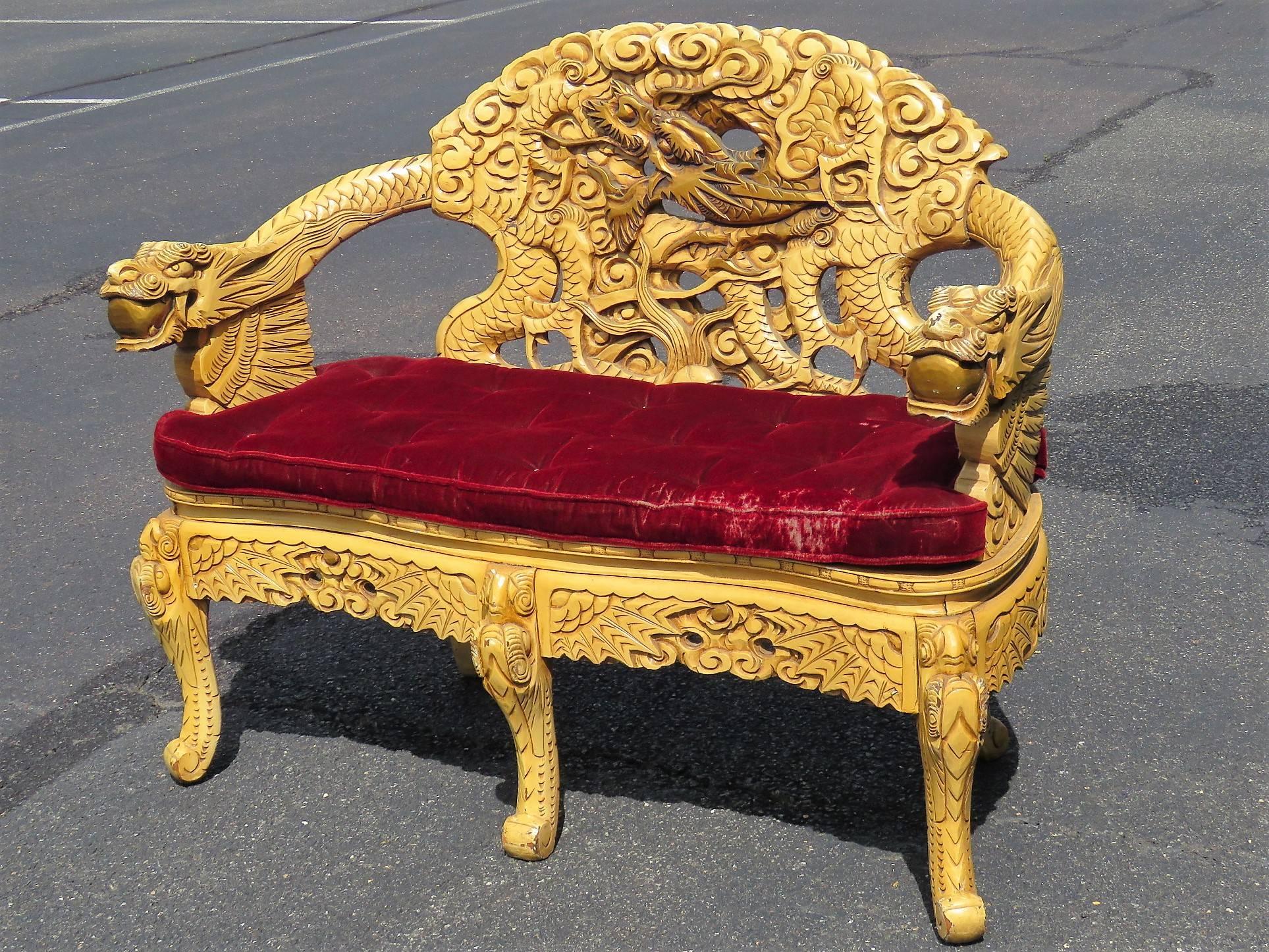 Hardwood Dragon Carved Painted Chinese Asian Sofa Settee