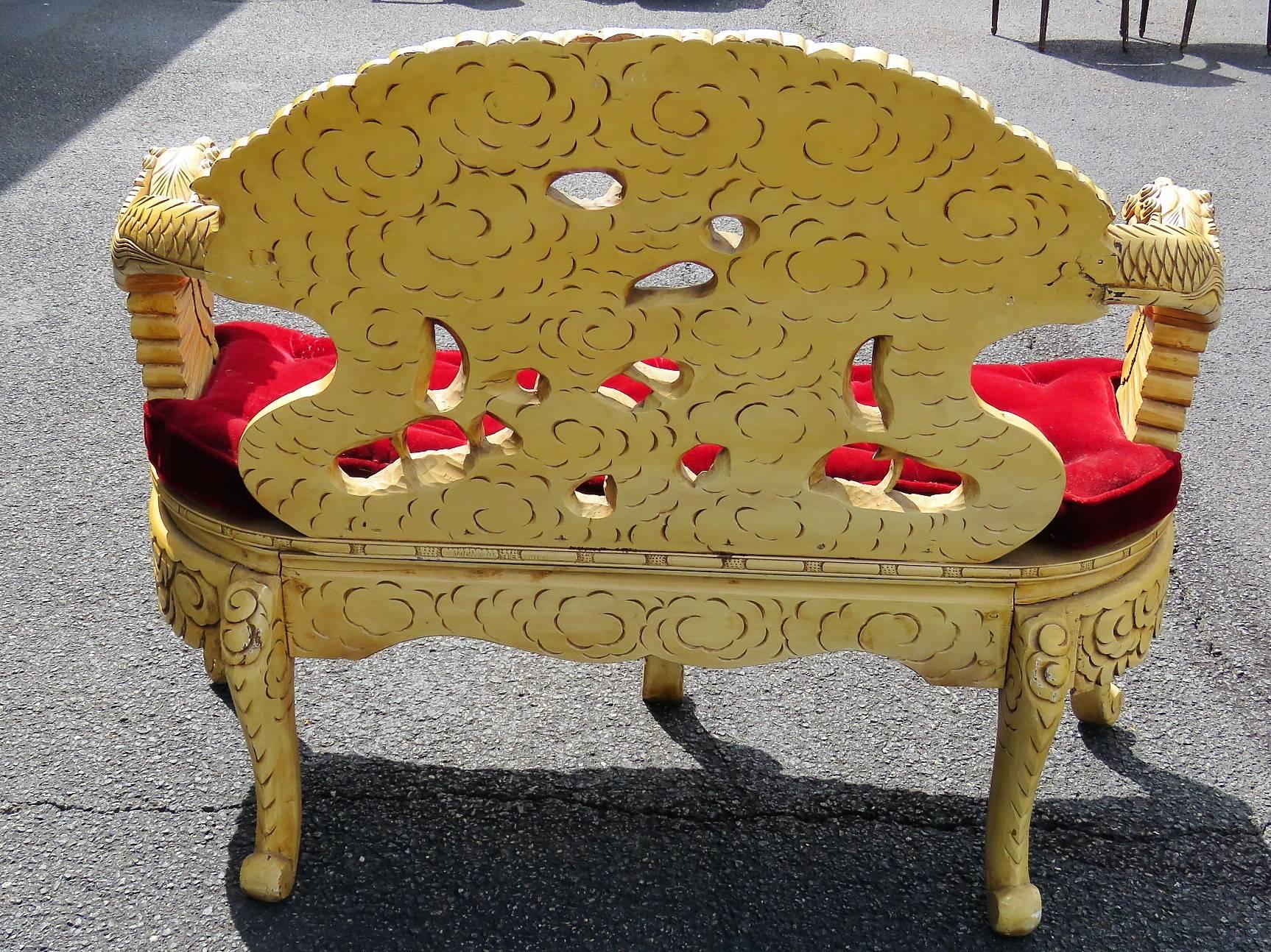 20th Century Dragon Carved Painted Chinese Asian Sofa Settee