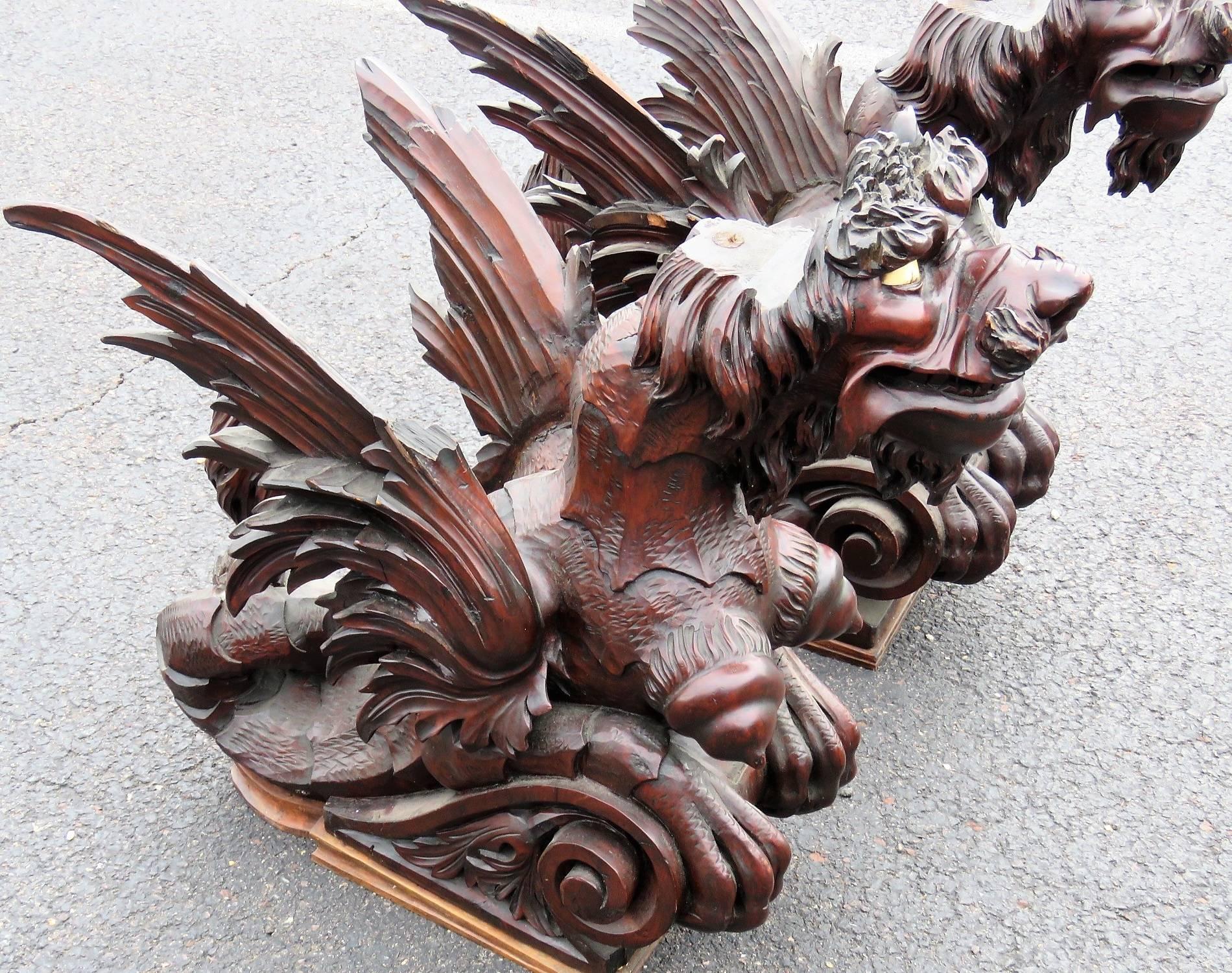 Pair of Magnificent Figural Carved Griffins 3