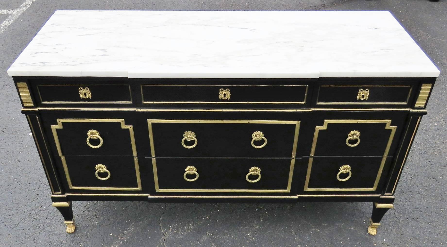 Jansen Style Ebonized and Brass Marbletop Commode 2