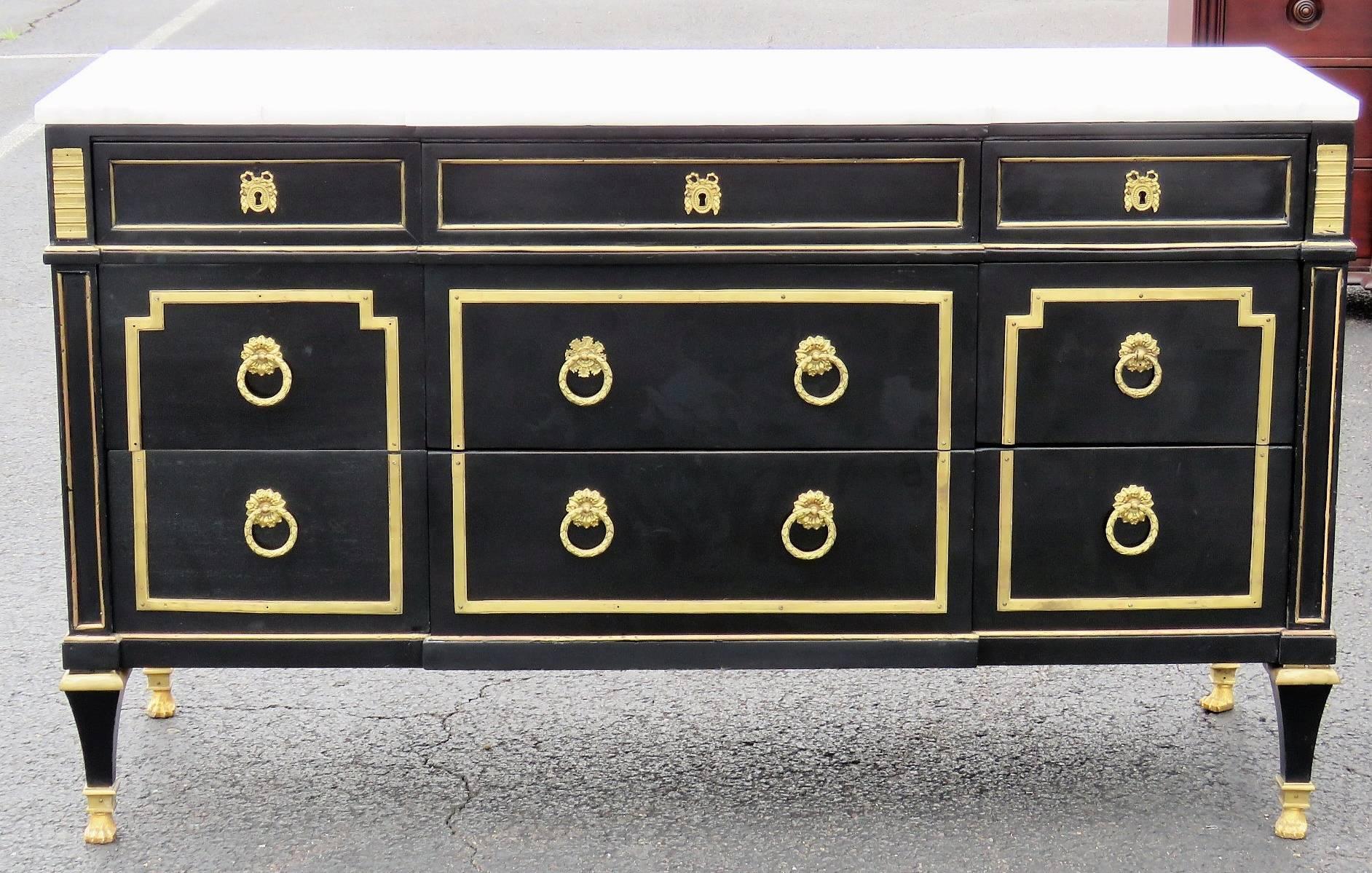 Jansen Style Ebonized and Brass Marbletop Commode 1