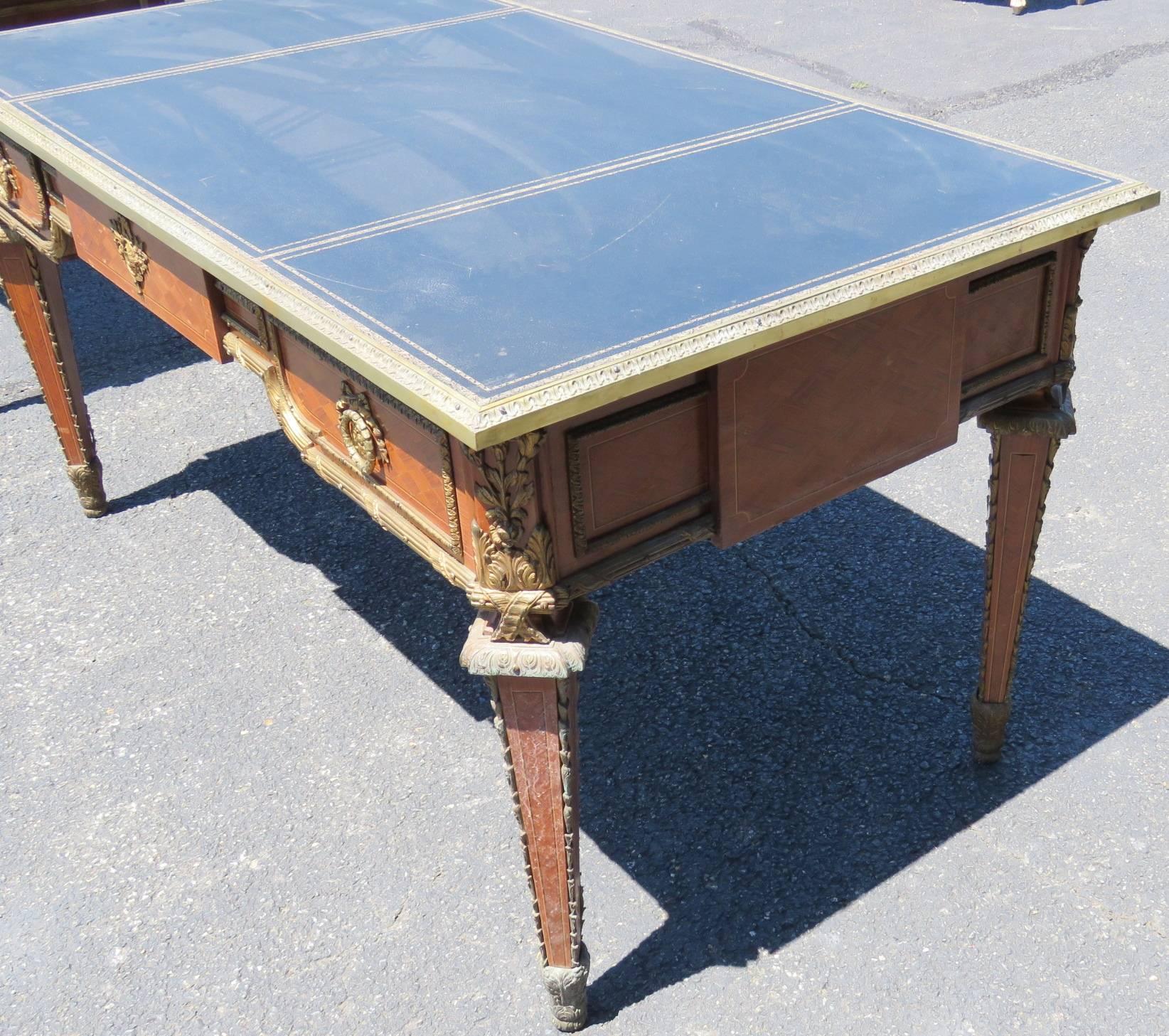 19th Century Louis XVI Style Parquetry Inlaid Bronze Mounted Bureau Plat