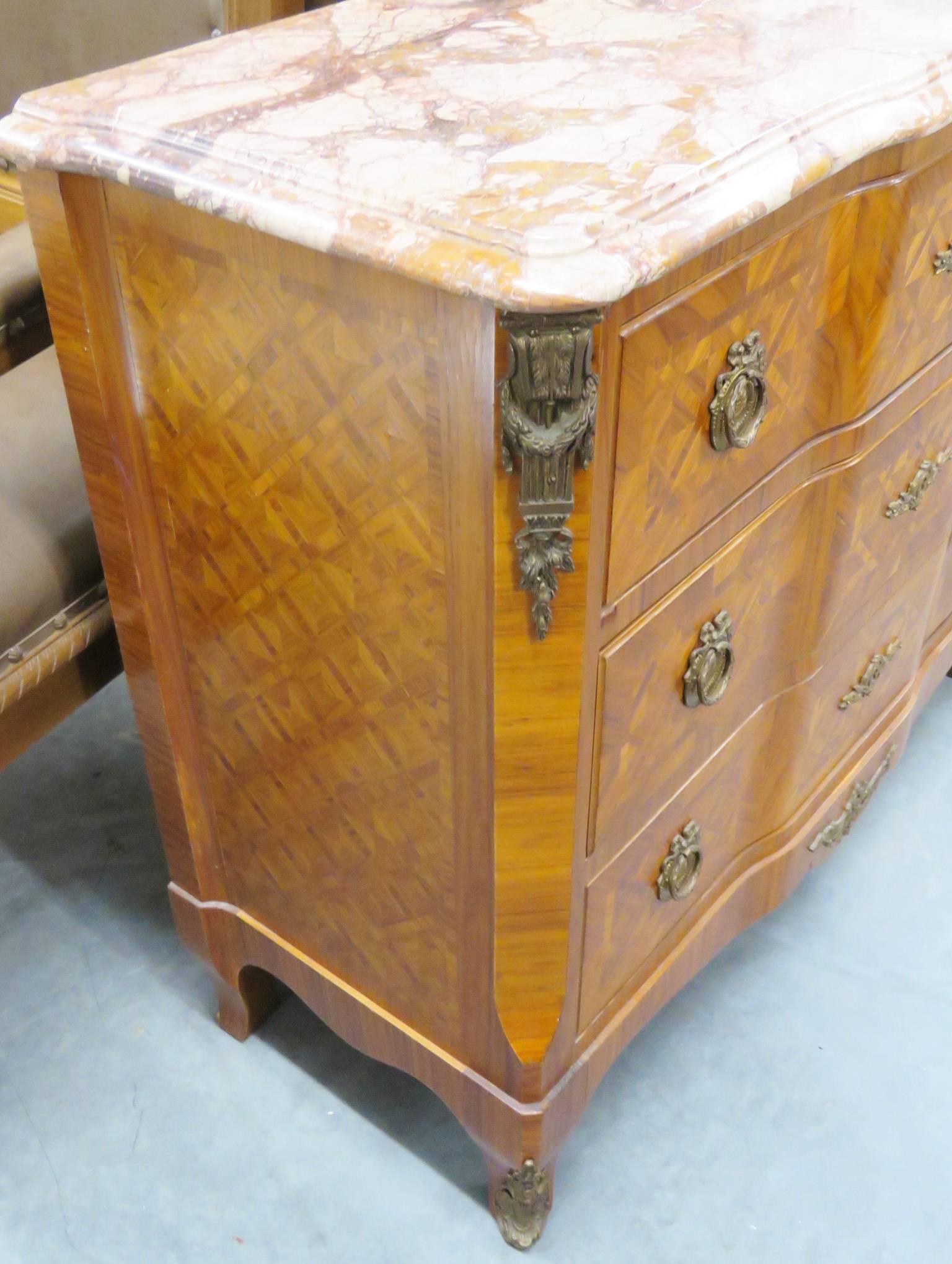 Louis XV Style Bronze Mounted Parquetry Inlaid Marble-Top Commode In Good Condition In Swedesboro, NJ