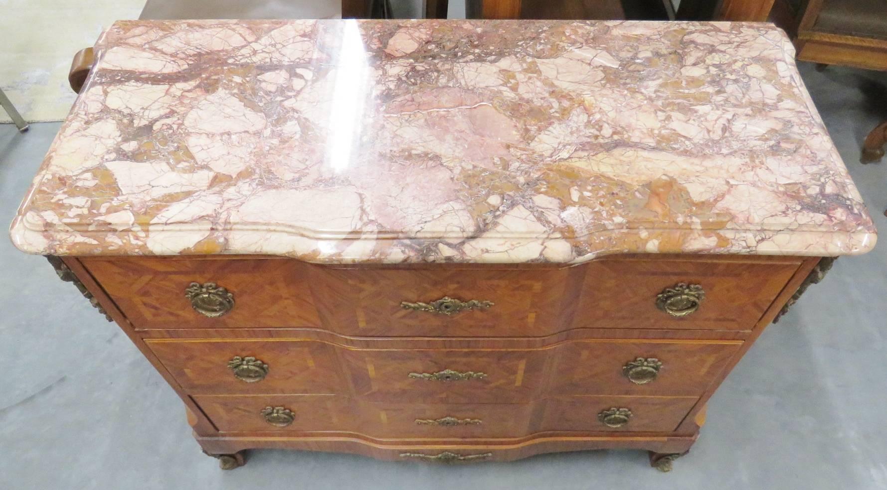 20th Century Louis XV Style Bronze Mounted Parquetry Inlaid Marble-Top Commode