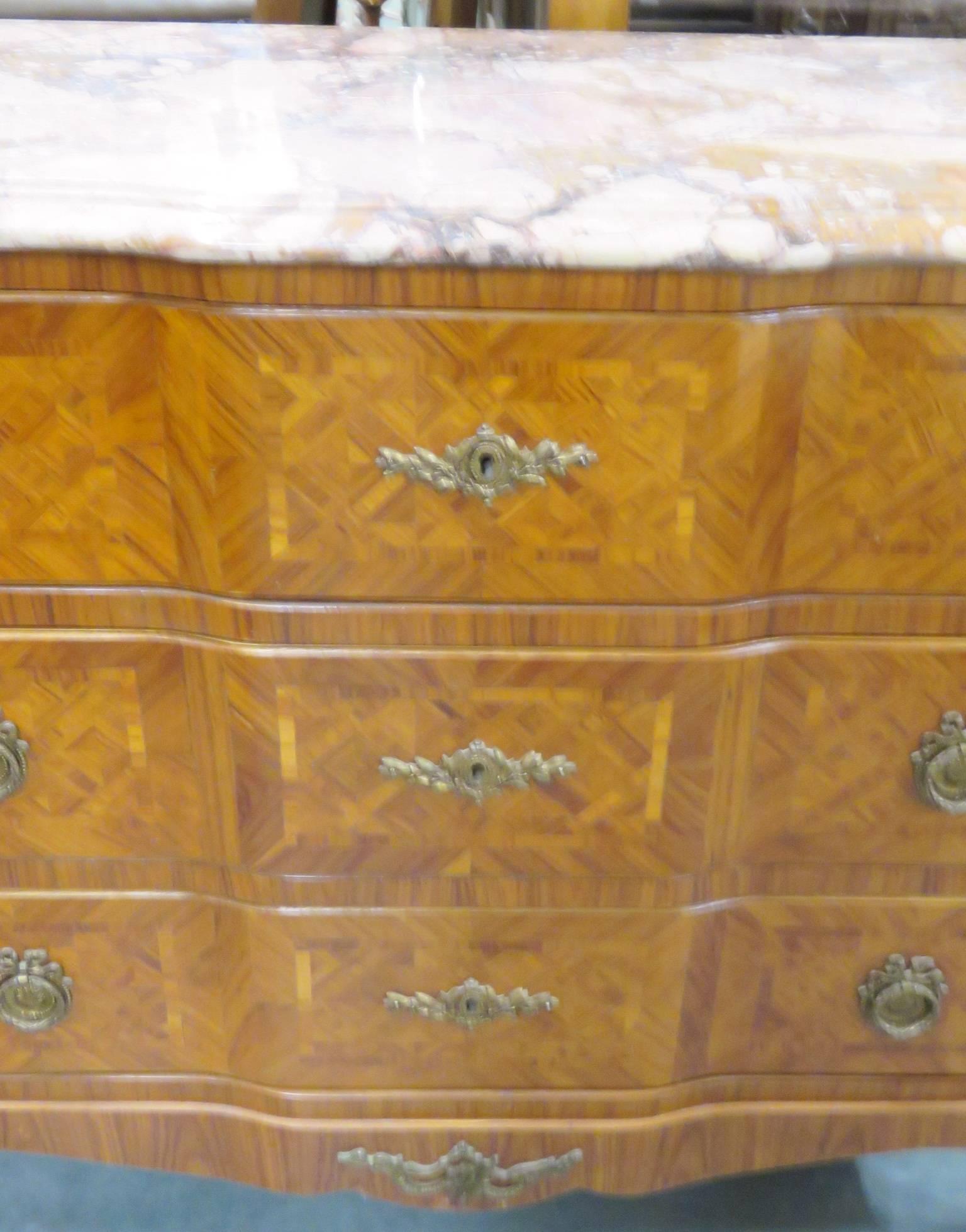 Louis XV Style Bronze Mounted Parquetry Inlaid Marble-Top Commode 1