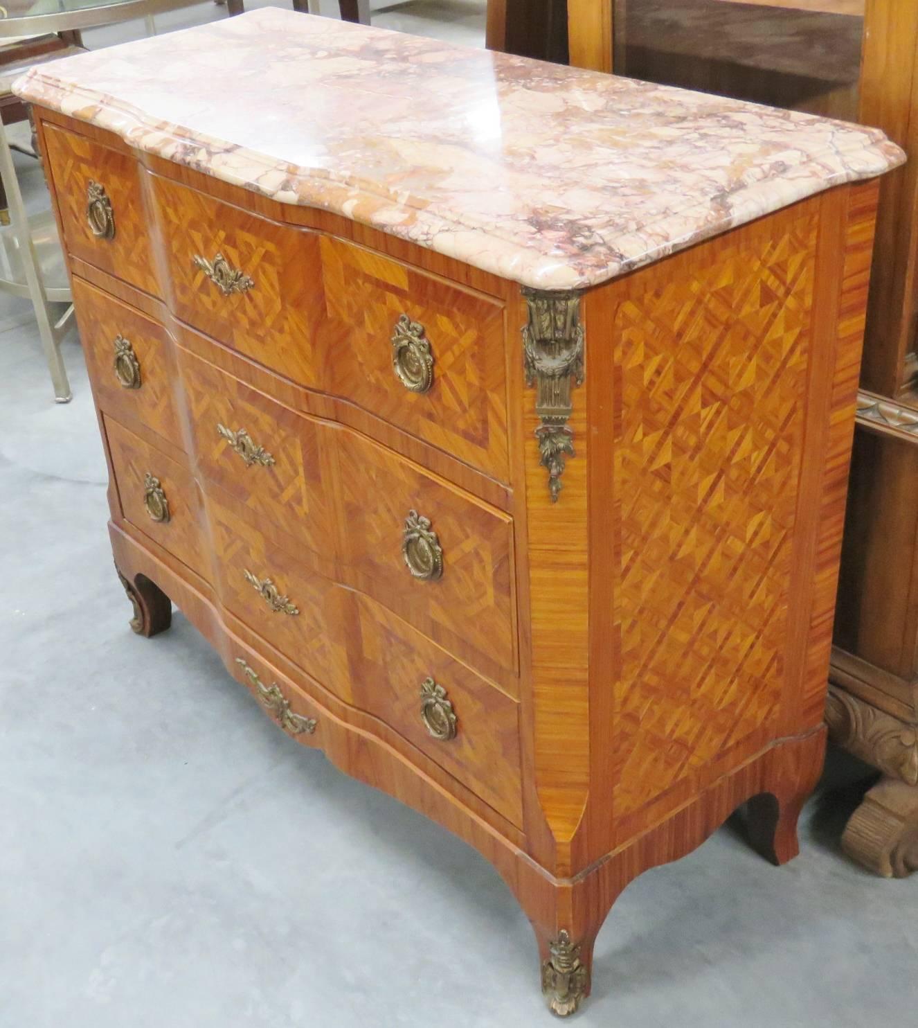 Louis XV Style Bronze Mounted Parquetry Inlaid Marble-Top Commode 2