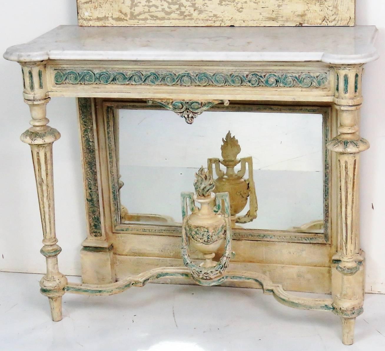 20th Century Louis XVI Style Distressed Cream Painted Marble-Top Console and Mirror