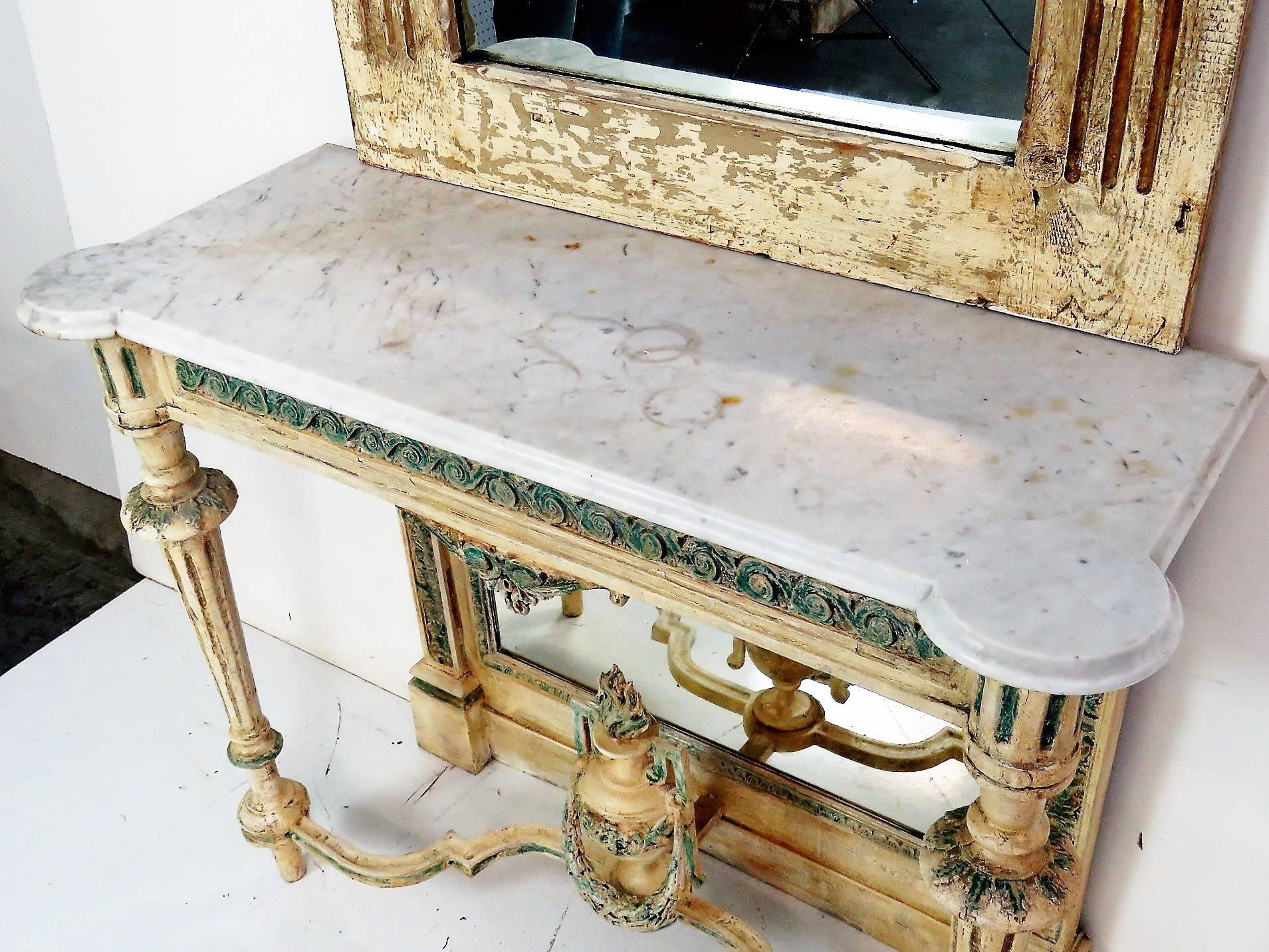 Louis XVI Style Distressed Cream Painted Marble-Top Console and Mirror 1