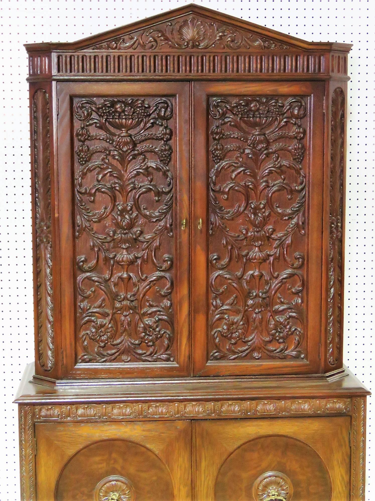 20th Century Oak Carved Tudor Style China Closet/Bar