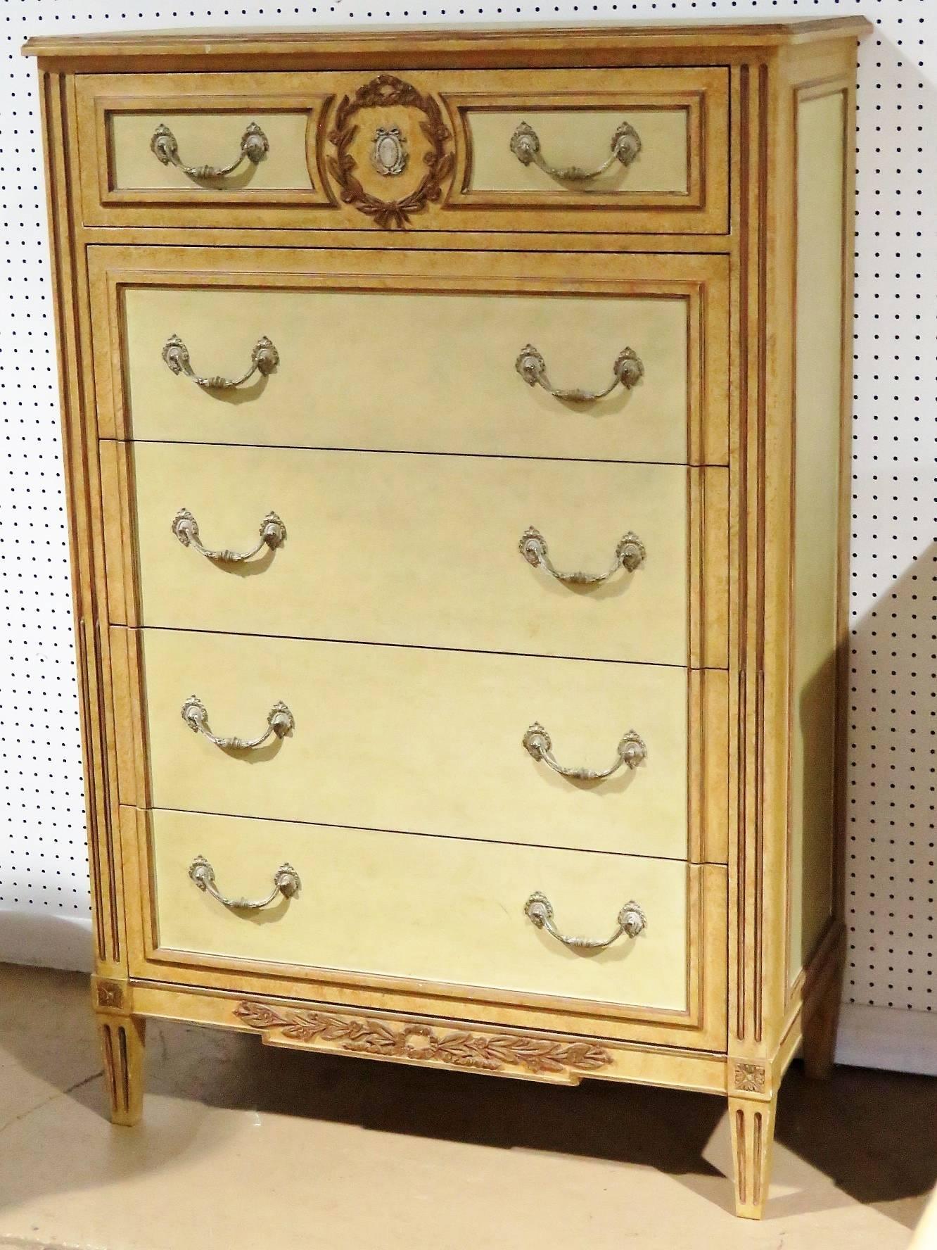 20th Century Baker Louis XV Style Paint Decorated High Chest