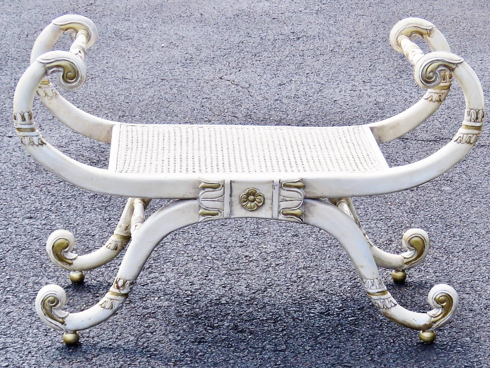 20th Century Pair of Distressed Cream and Gilt Painted Caned Seat Cerule Benches