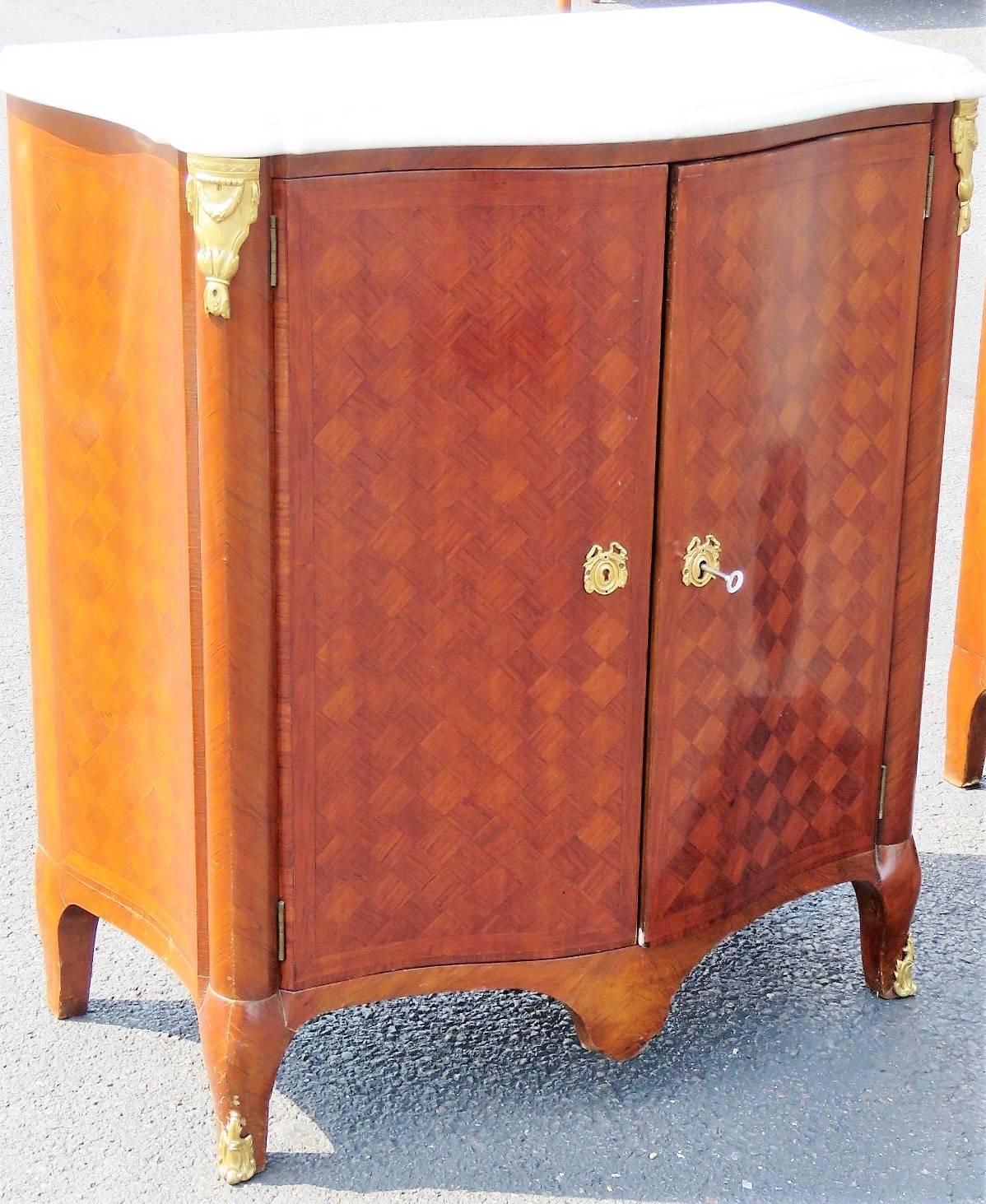 Pair of Jansen Parquetry Inlaid Marble-Top Two-Door Cabinets 4